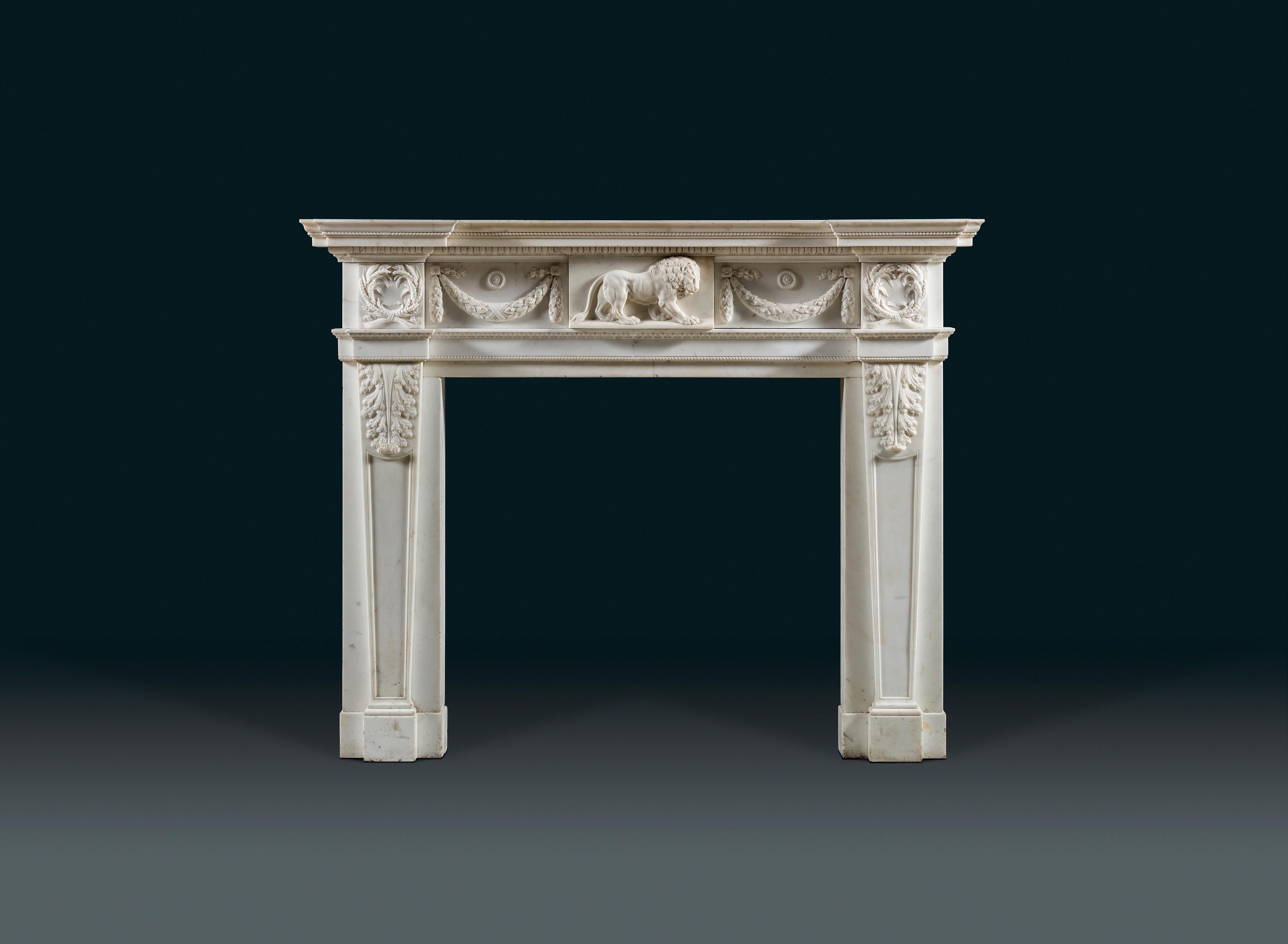 A magnificent statuary marble mid-18th century chimneypiece bearing an exquisitely carved lion on the central tablet. The lion is reminiscent of the Medici Lions guarding the Loggia Dei Lanzi in Florence, once the centre of the family’s artistic