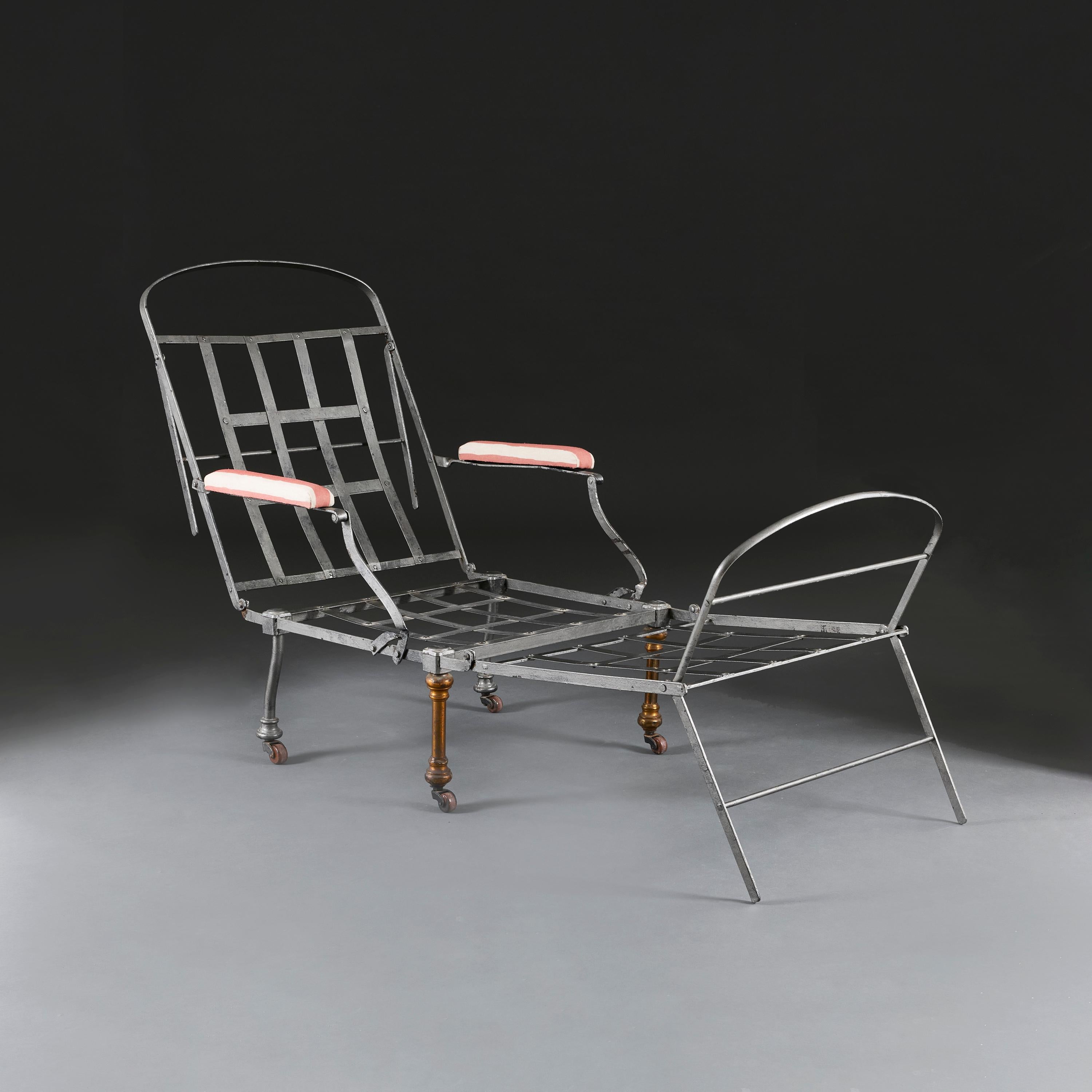 England, circa 1900

An unusual Edwardian campaign day bed with collapsible steel frame, now upholstered with cushions in striped linen. 

Total height 86.00cm

Seat height 40.00cm

Length 180.00cm

Width 76.00cm