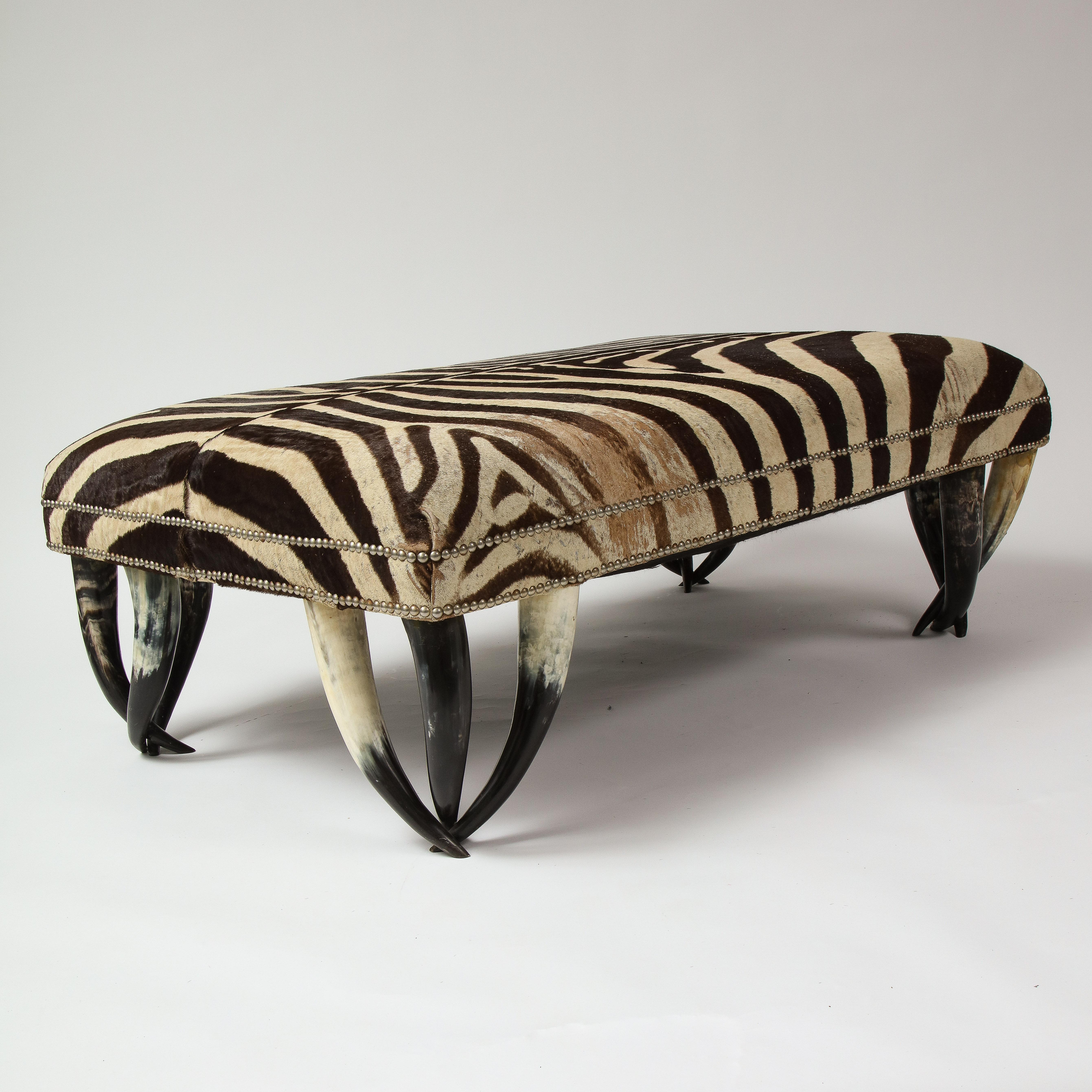 Steer Horn Ottoman with Zebra Upholstery 1