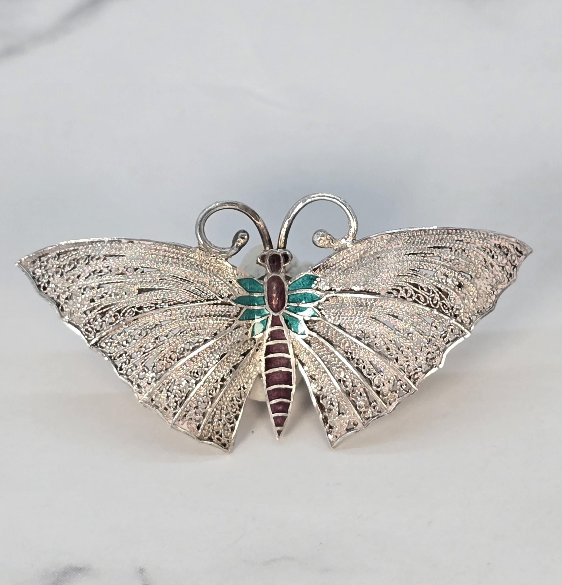 Argento Spilla a farfalla in filigrana d'argento e smalto, Continentale, 1930 ca. in vendita