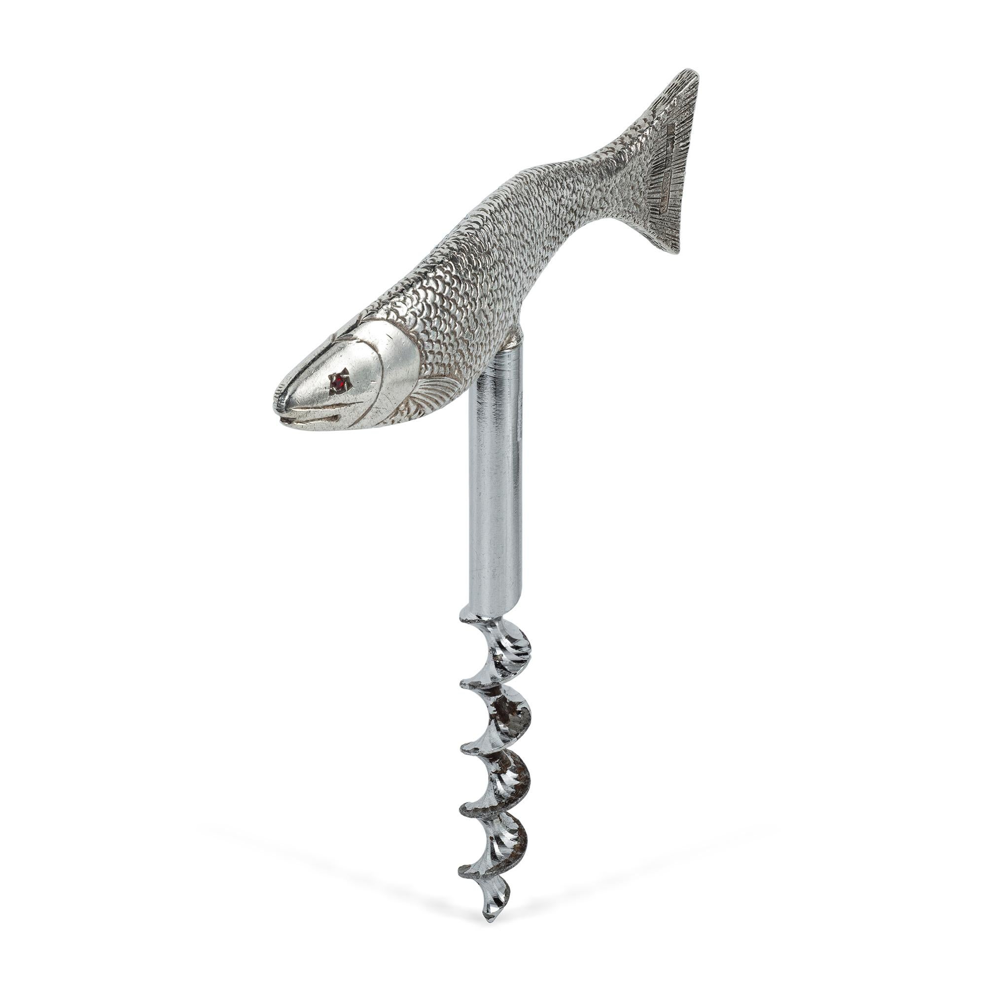 A sterling silver handled fish model  corkscrew, gross weight 1.6 ozs.  hallmarked Birmingham 1967, maker J.B Chatterley.

Should you choose to make this purchase we will delighted to send it to you in a Bentley & Skinner handmade leather case