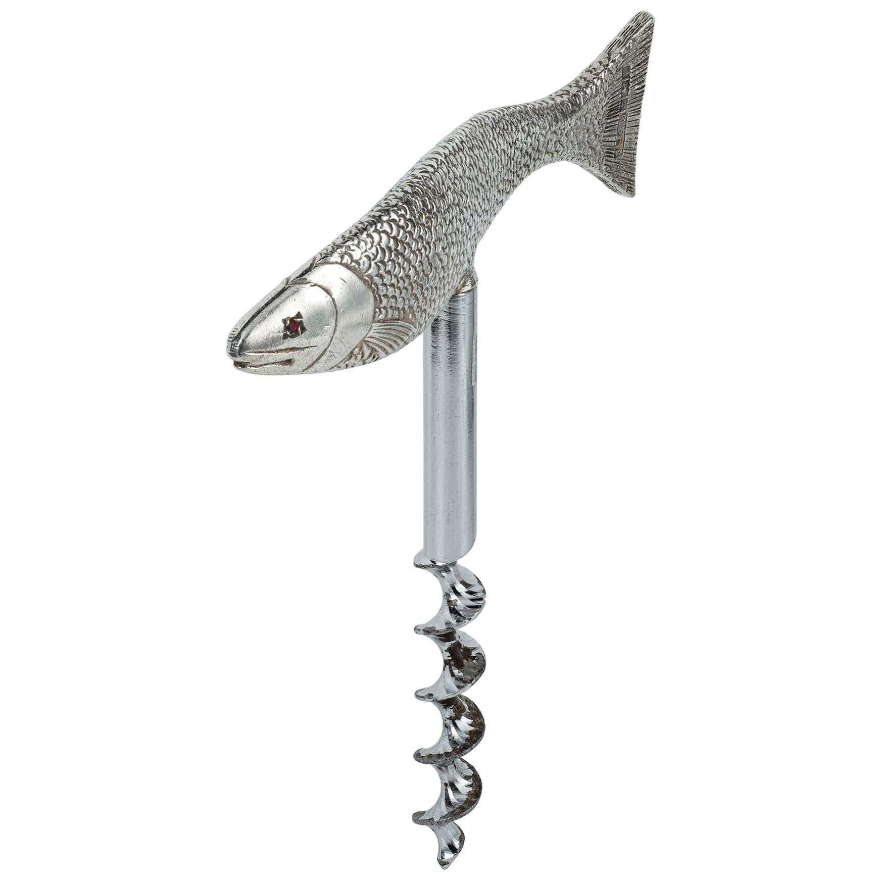 A Sterling Silver Handled Fish Model Cork Screw For Sale