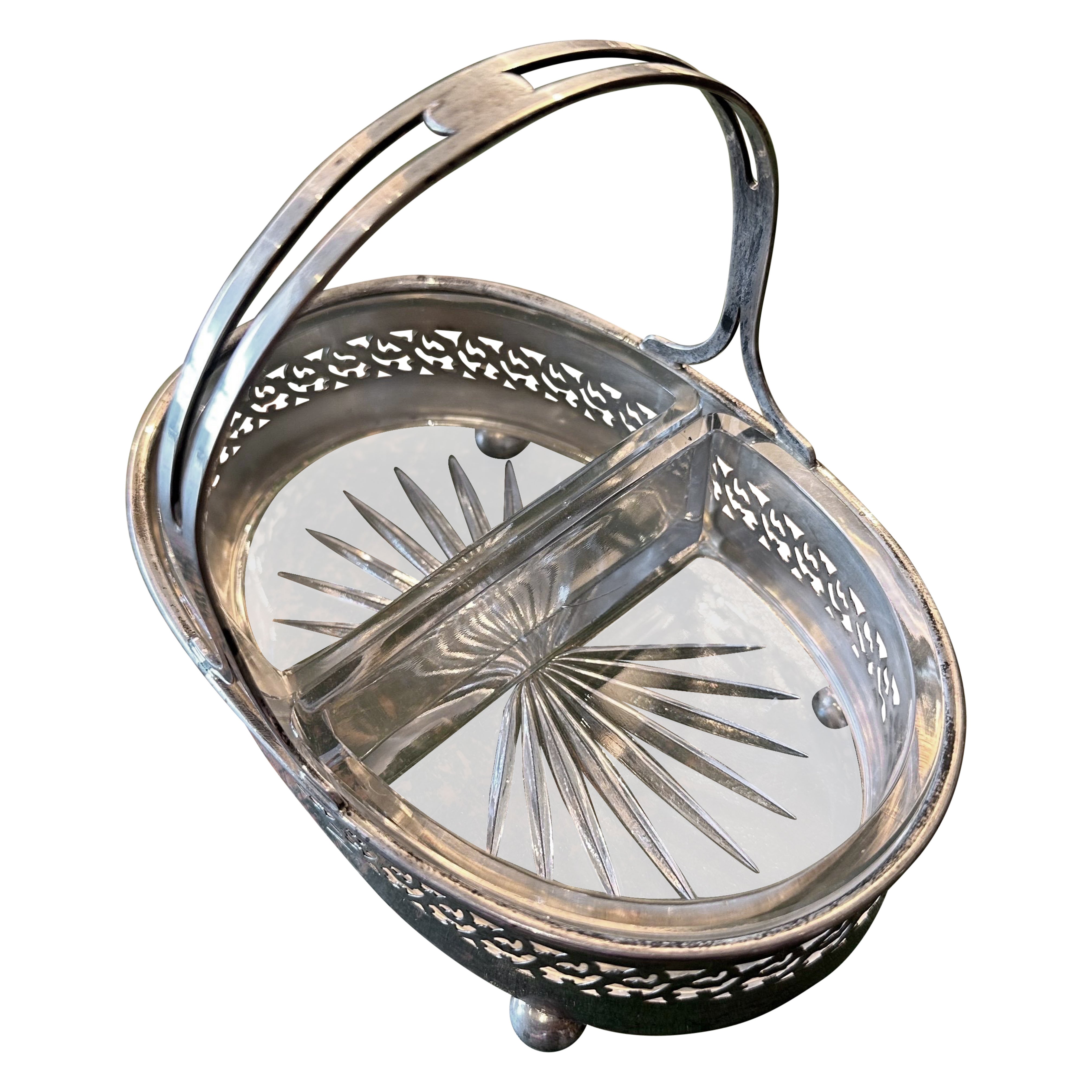 A sterling silver relish basket with cut, lead crystal inserts For Sale
