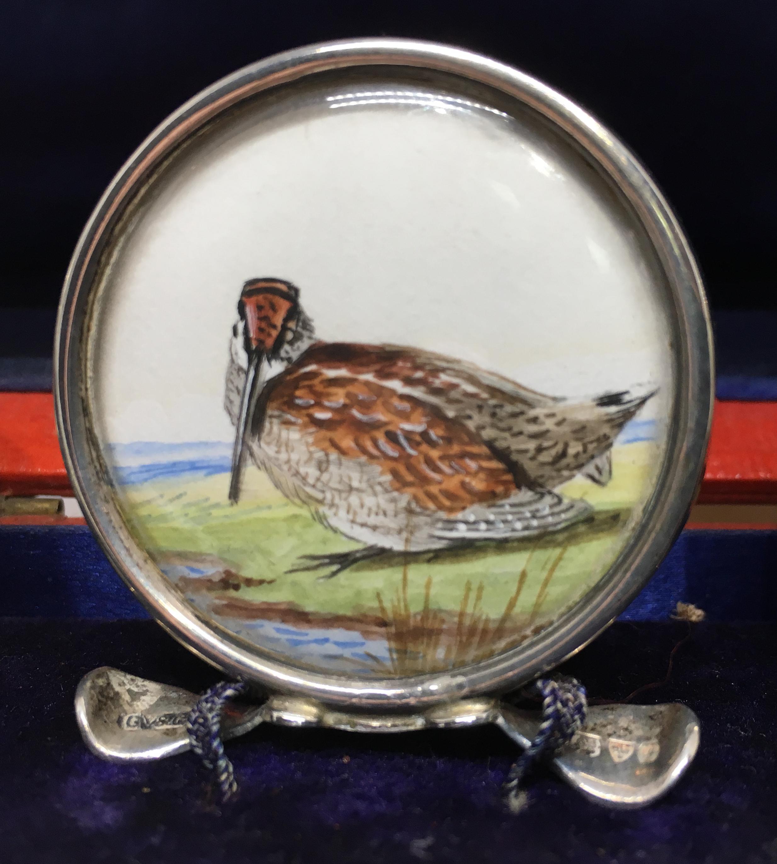 British Sterling Silver Set of 4 Hand Painted Enamel Hunting Themes Place Card Holders For Sale