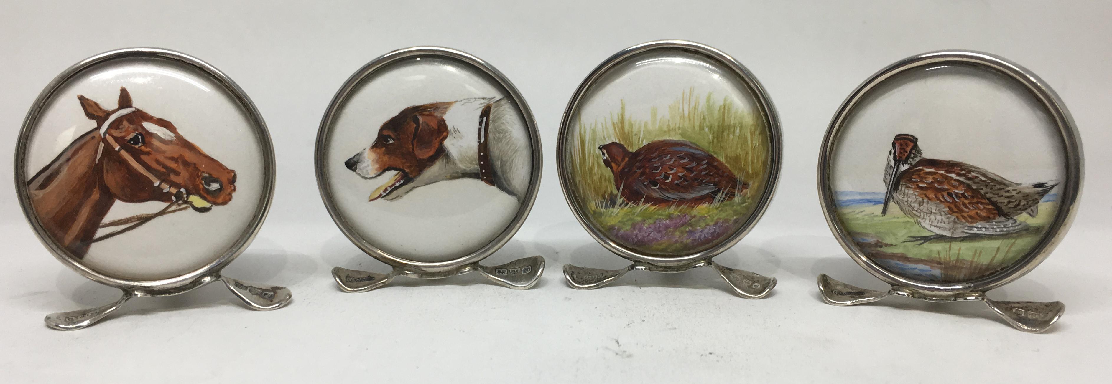 Sterling Silver Set of 4 Hand Painted Enamel Hunting Themes Place Card Holders For Sale 1