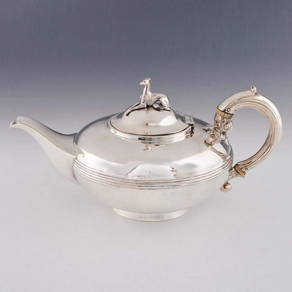 A Sterling Silver Tea Set London, 1856

Additional information:
Date : Hallmarked in London 1856 For Savory and Sons
Period : Victoria
Origin : London England
Decoration :  A greyhound or whippet finial on a domed cover. Compressed form with short