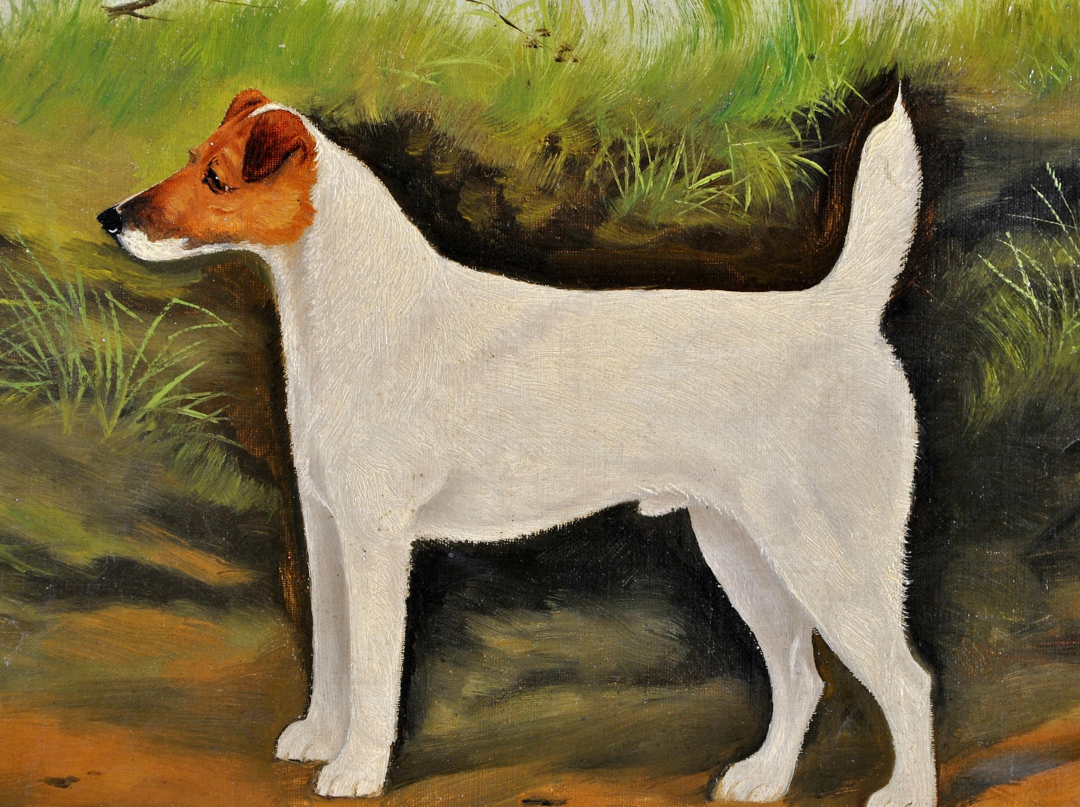 Terrier in un paesaggio - Olio su tela del XIX secolo Pittura di cani antichi - Animal Painting Marrone di A. Stevenson