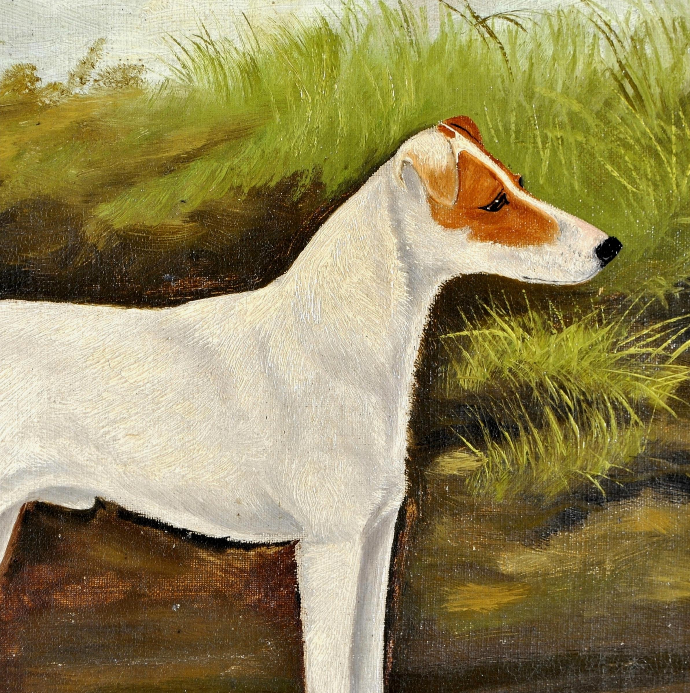 Terrier in a Landscape - 19th Century Century Oil on Canvas Antique Dog Painting 1