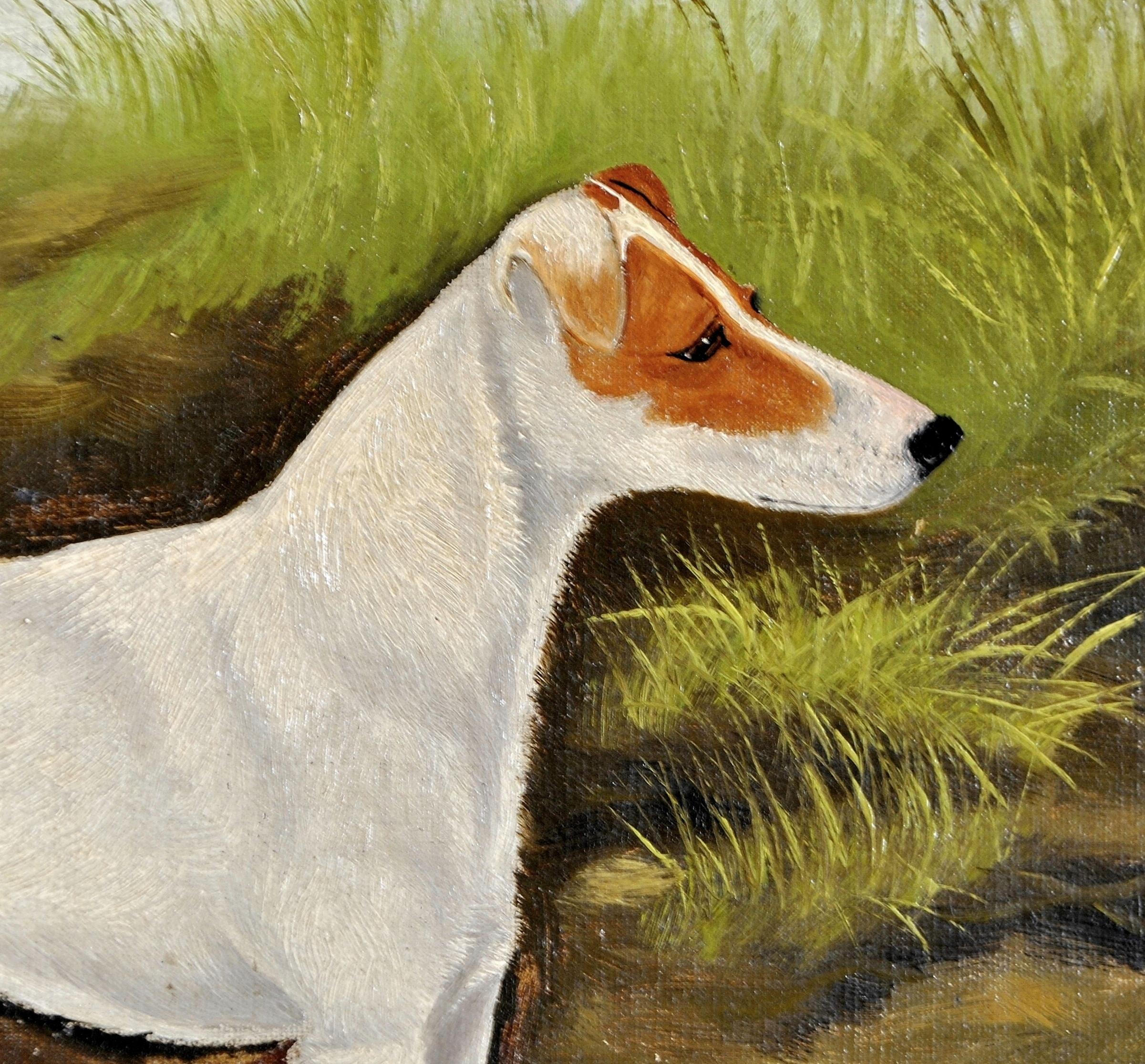 Terrier in a Landscape - 19th Century Century Oil on Canvas Antique Dog Painting 2
