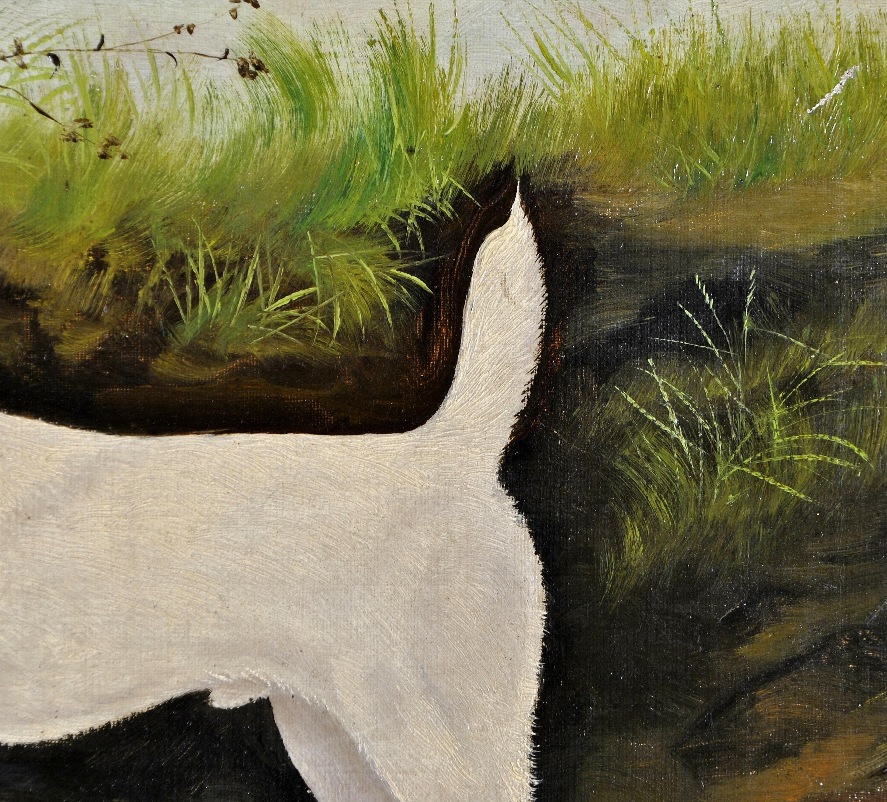 Terrier in un paesaggio - Olio su tela del XIX secolo Pittura di cani antichi 1