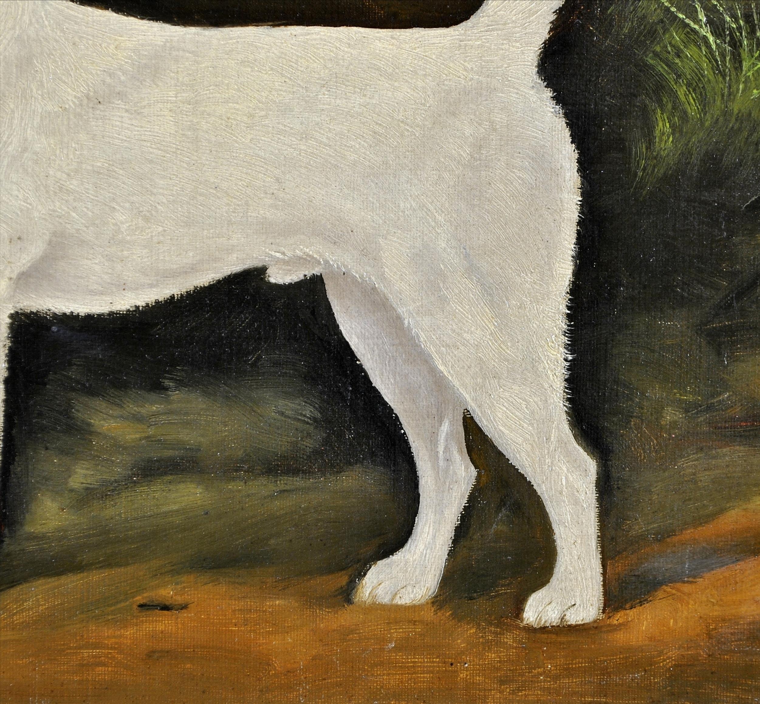 Terrier in un paesaggio - Olio su tela del XIX secolo Pittura di cani antichi 2