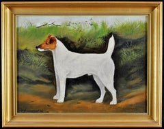 Terrier in a Landscape - 19th Century Century Oil on Canvas Antique Dog Painting