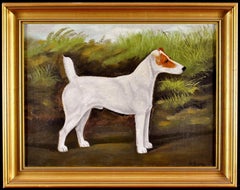 Terrier in a Landscape - 19th Century Century Oil on Canvas Antique Dog Painting