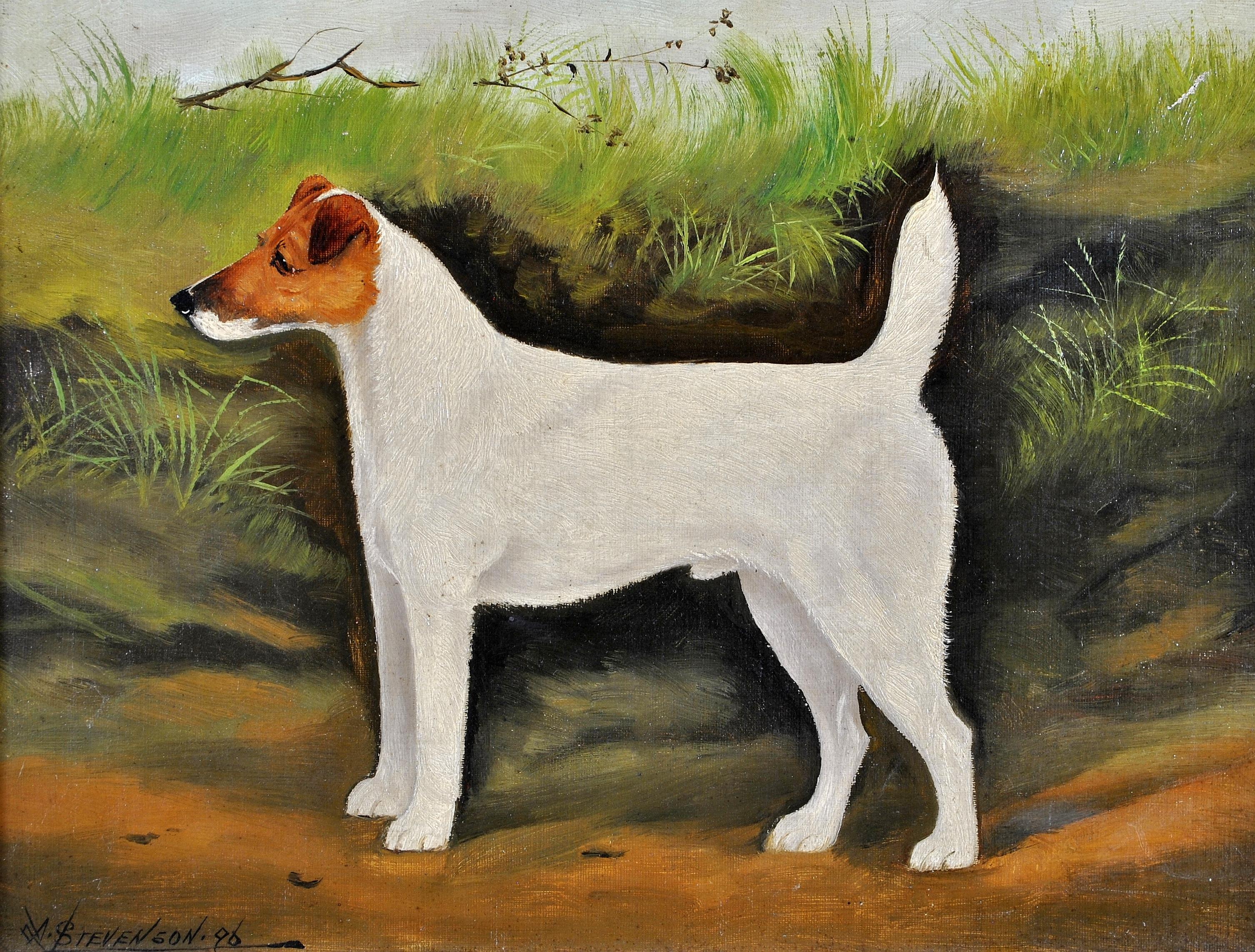 A beautiful signed and dated 1896 oil on canvas portrait of a terrier dog in a landscape, by A. Stevenson. One of a pair that we are listing for sale on 1stDibs today.

A. Stevenson was an accomplished painter of dogs, and the occasional horse, who