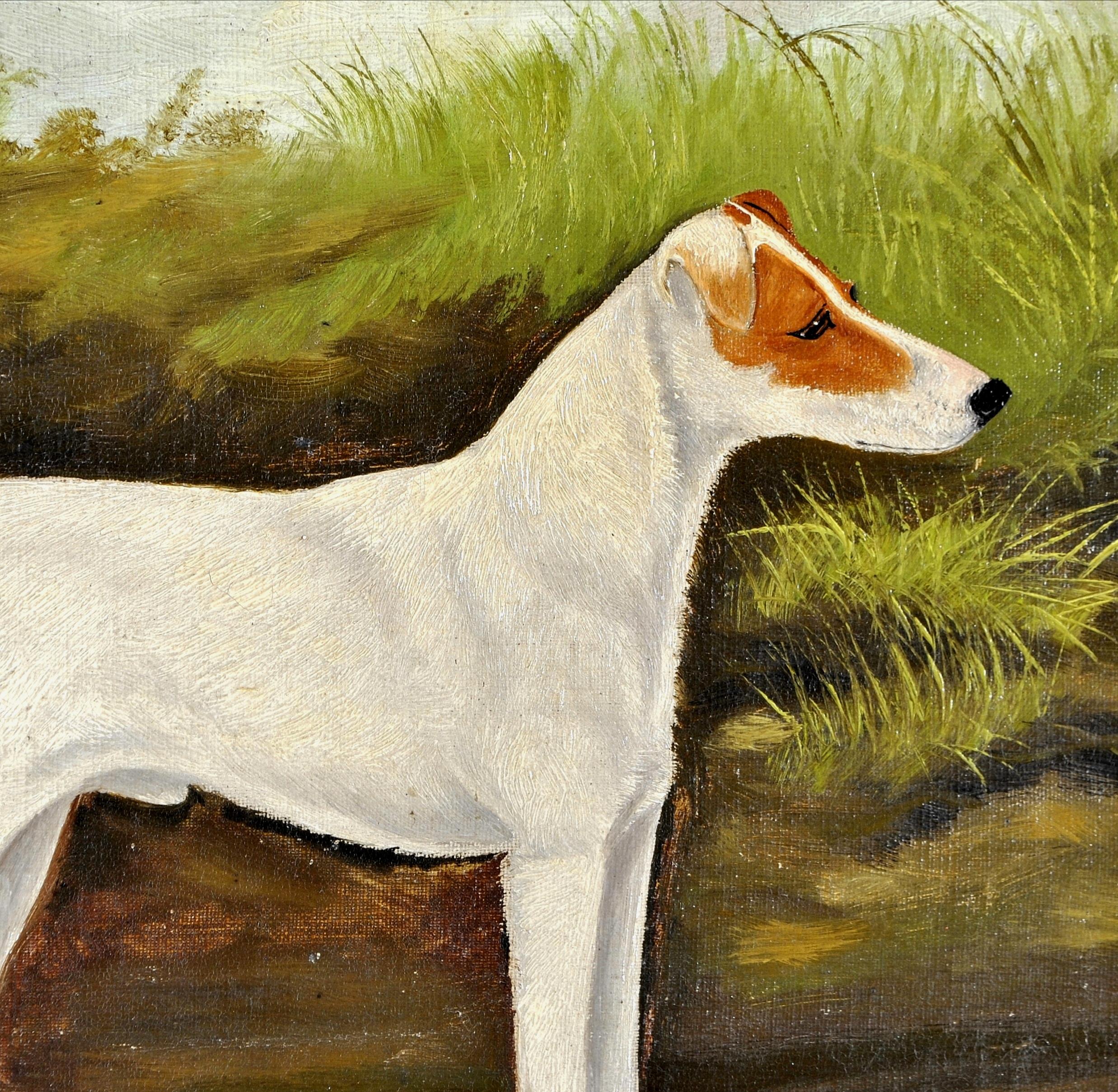 Ein schönes signiertes und datiertes 1896 Öl auf Leinwand Porträt eines Terrierhundes in einer Landschaft, von A. Stevenson. Einer von einem Paar, das wir heute auf 1stDibs zum Verkauf anbieten.

A. Stevenson war ein erfolgreicher Maler von Hunden