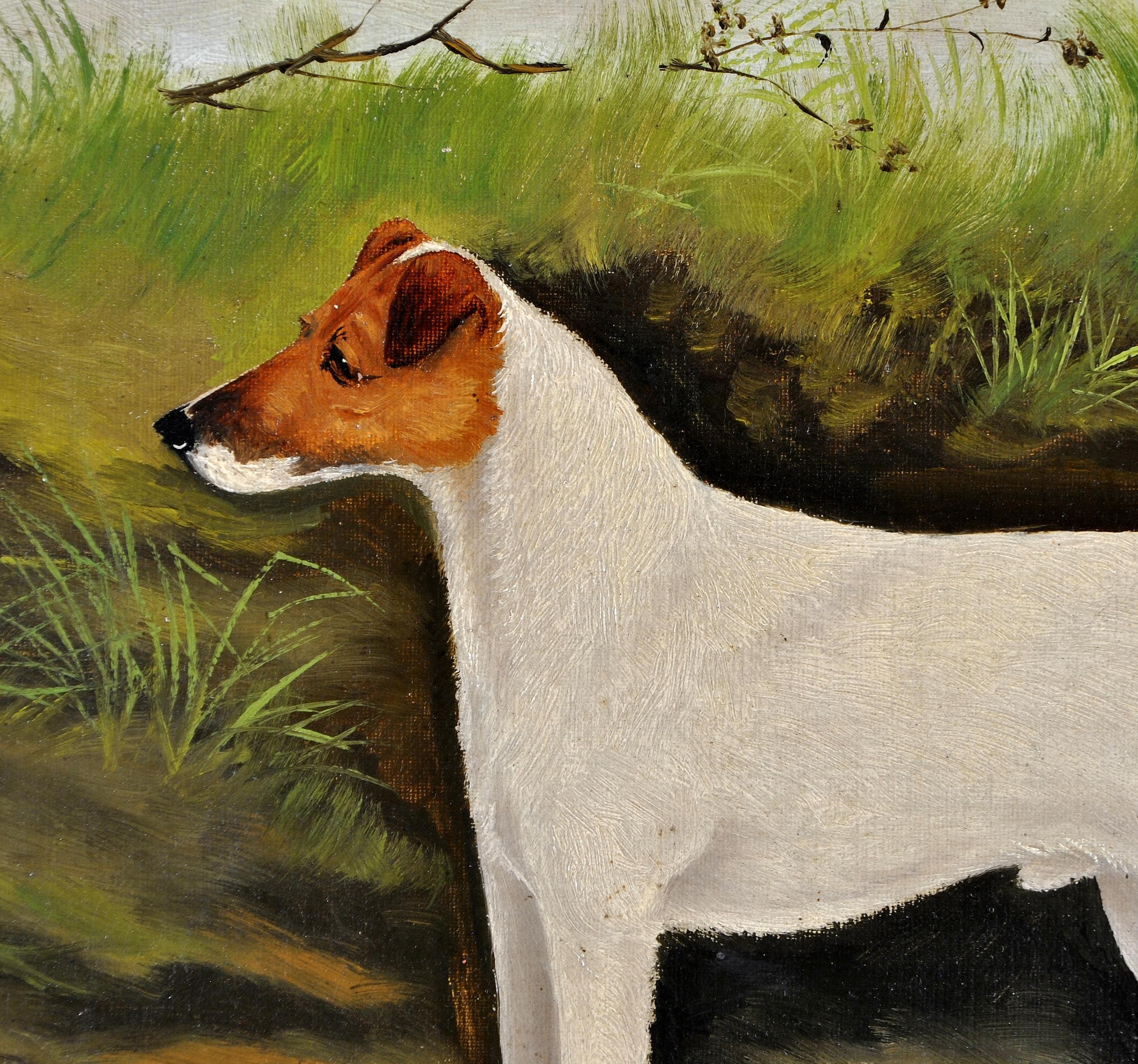 Terrier in einer Landschaft - Öl auf Leinwand Antikes Hundegemälde aus dem 19. Jahrhundert 1