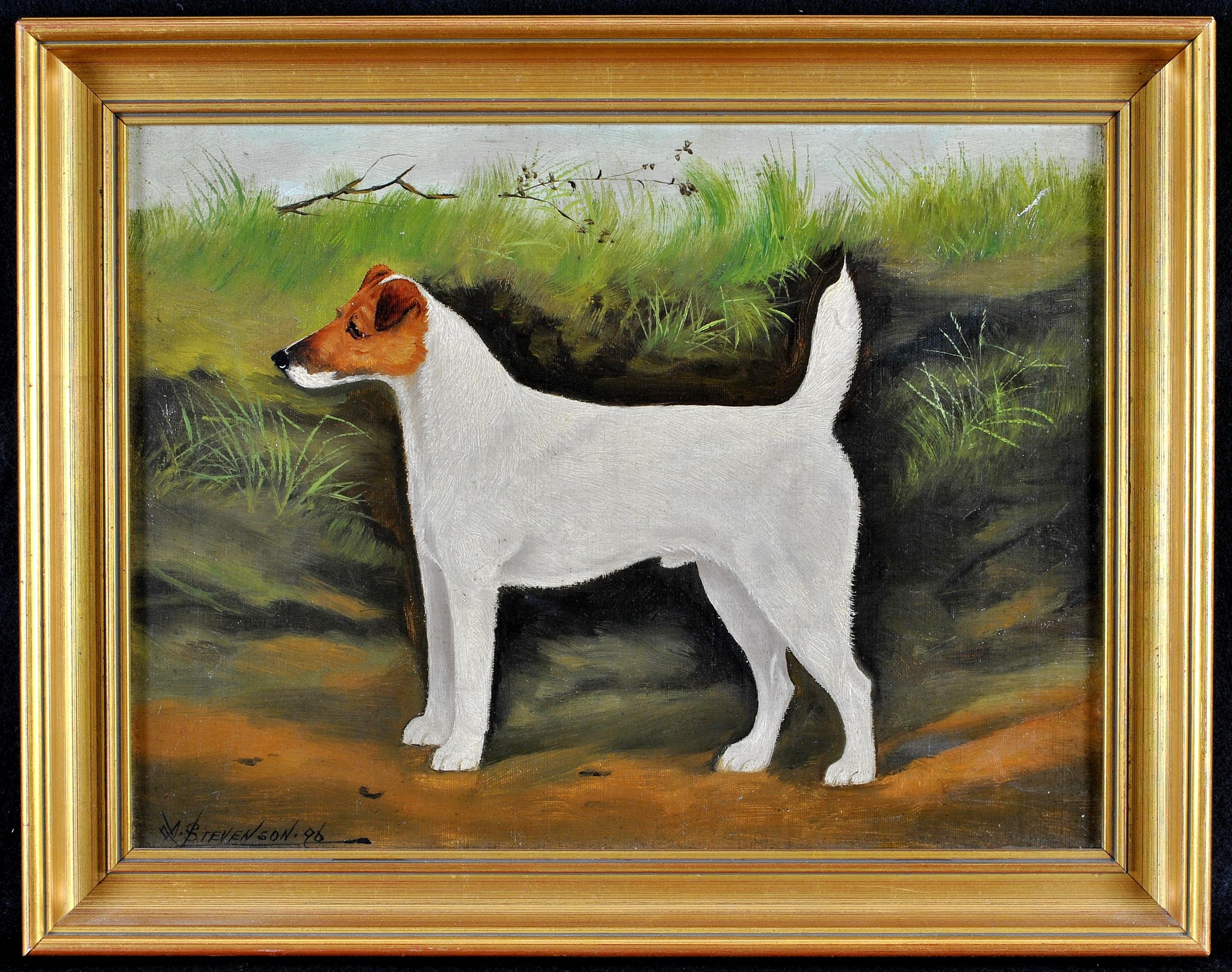 A. Stevenson Animal Painting - Terrier in a Landscape - 19th Century Oil on Canvas Antique Dog Painting