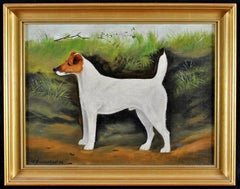 Terrier in a Landscape - Huile sur toile du 19ème siècle - Peinture ancienne de chien