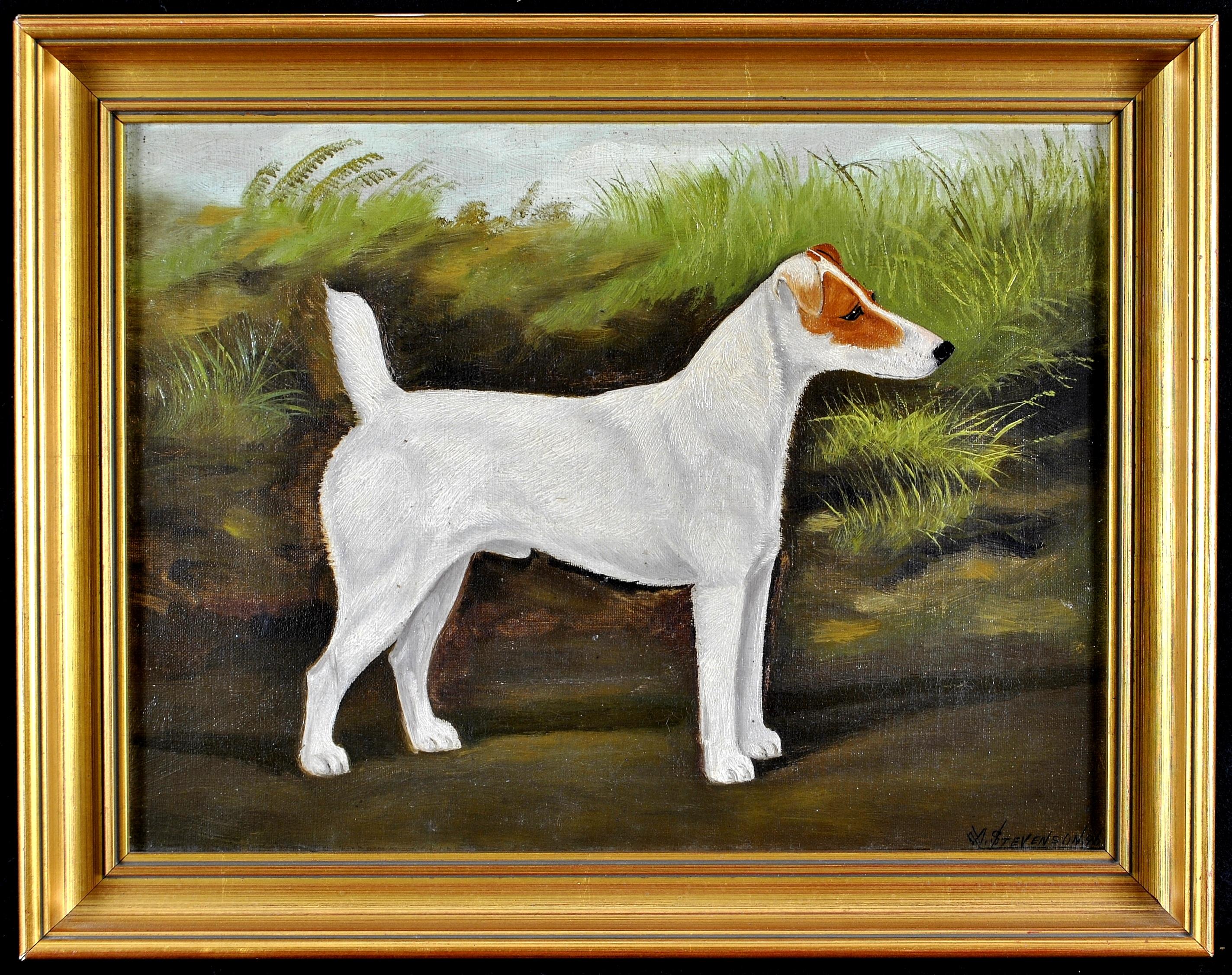 A. Stevenson Animal Painting – Terrier in einer Landschaft - Öl auf Leinwand Antikes Hundegemälde aus dem 19. Jahrhundert