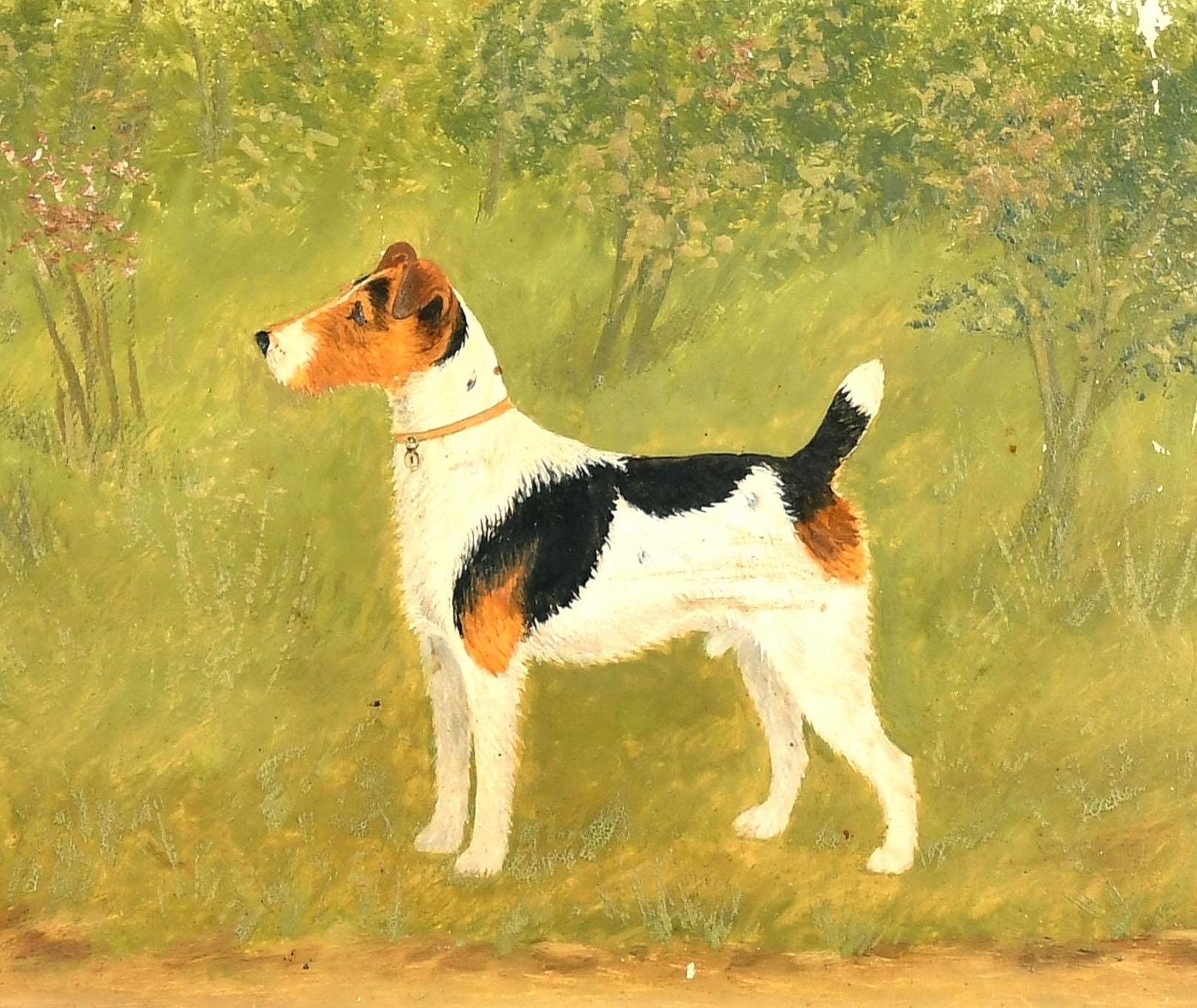 Terrier dans un paysage - Peinture à l'huile sur panneau ancienne d'un chien du début du 20e siècle - Marron Animal Painting par A. Stevenson