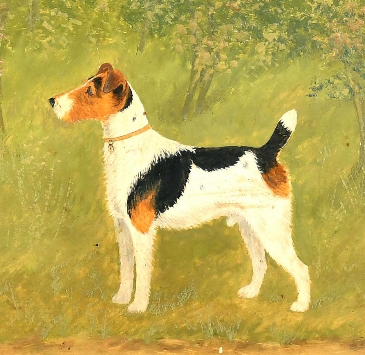 Un beau portrait �à l'huile sur carton signé et daté de 1909 d'un chien terrier dans un paysage, par A. Stevenson. Présenté dans un cadre en bois sculpté. 

L'artiste était un peintre accompli de chiens, et occasionnellement de chevaux, actif à la