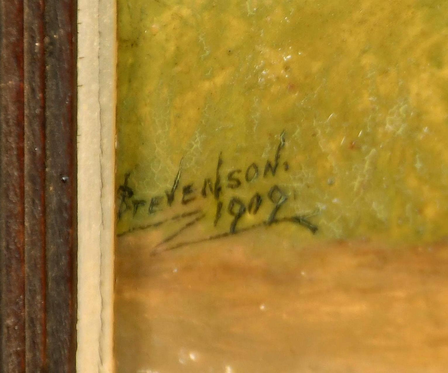 Terrier dans un paysage - Peinture à l'huile sur panneau ancienne d'un chien du début du 20e siècle 1