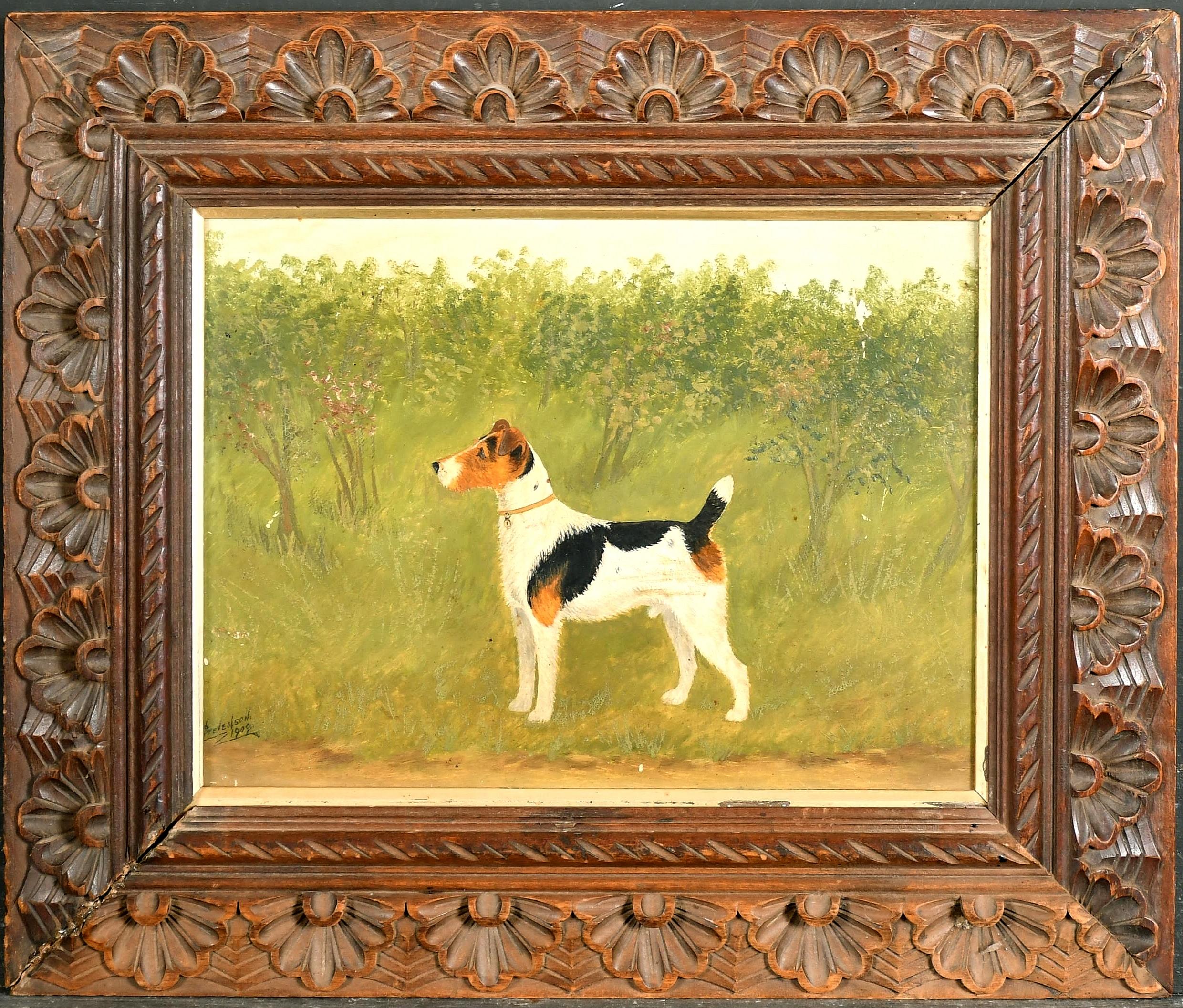 Animal Painting A. Stevenson - Terrier dans un paysage - Peinture à l
huile sur panneau ancienne d
un chien du début du 20e siècle