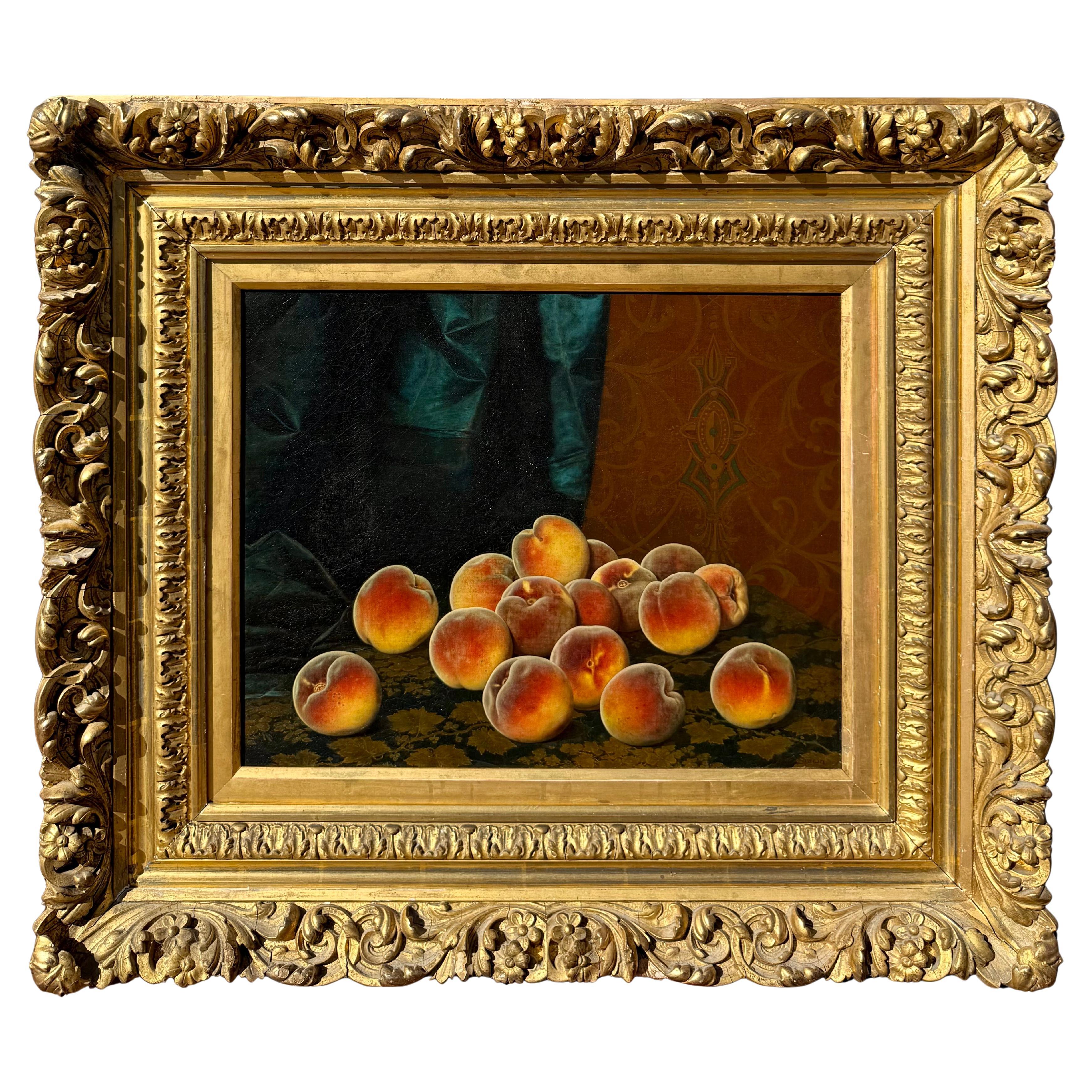 "Pfirsichstillleben auf einem Wandteppich" Ölgemälde von William Mason Brown