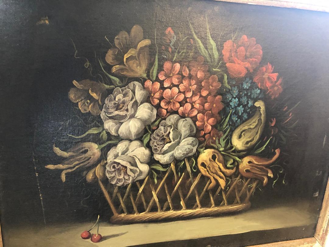 A Still Life Painting of a Basket of Flowers For Sale 1