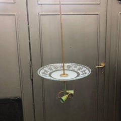 1950S Stilnovo Mid-Century Modern Brass Green Metal and Engraved Glass Pendant
