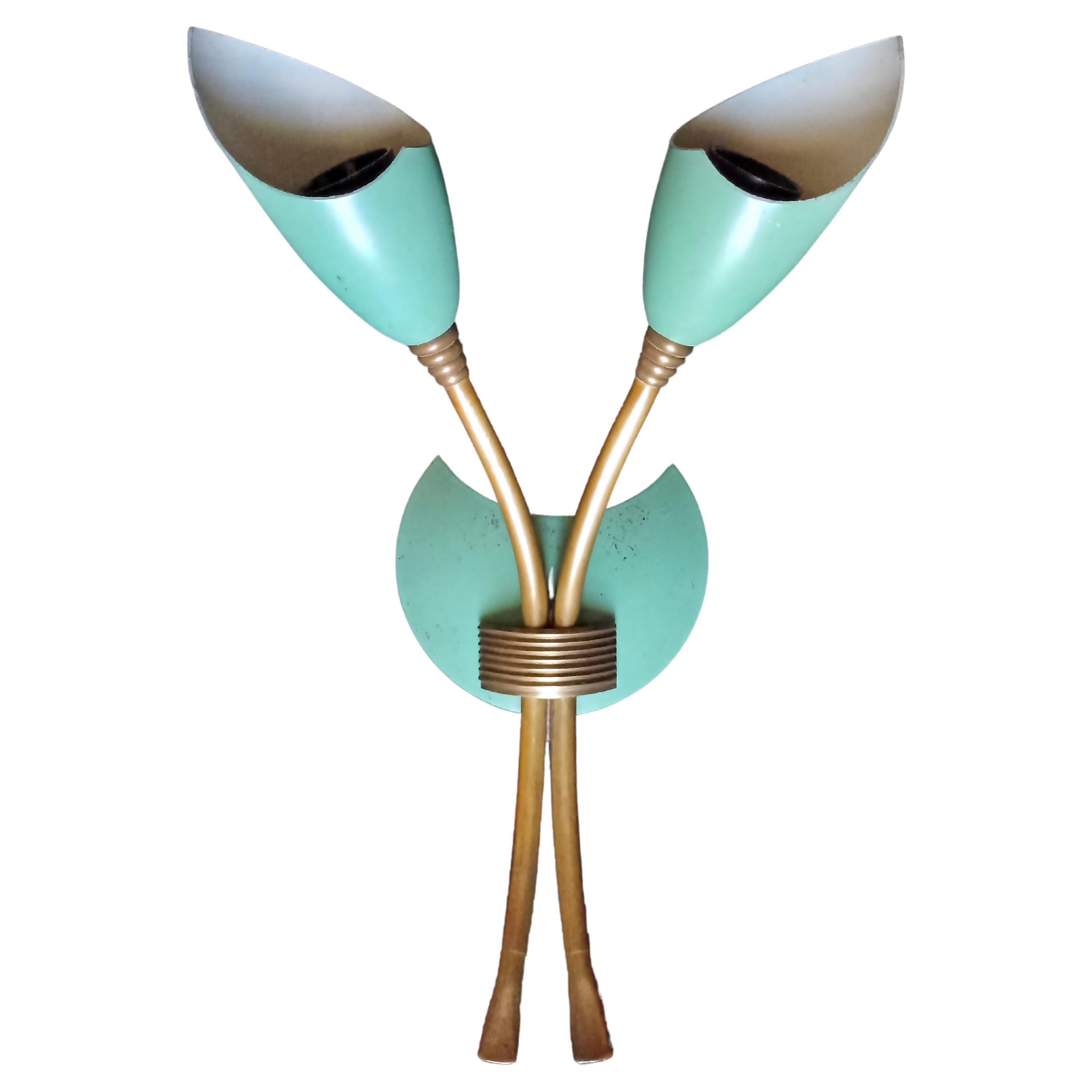 Stilnovo Style 1950s Two-Light Single Sconce, Green Lacquered Metal and Brass For Sale