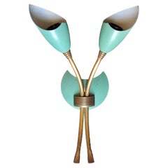 Vintage Stilnovo Style 1950s Two-Light Single Sconce, Green Lacquered Metal and Brass