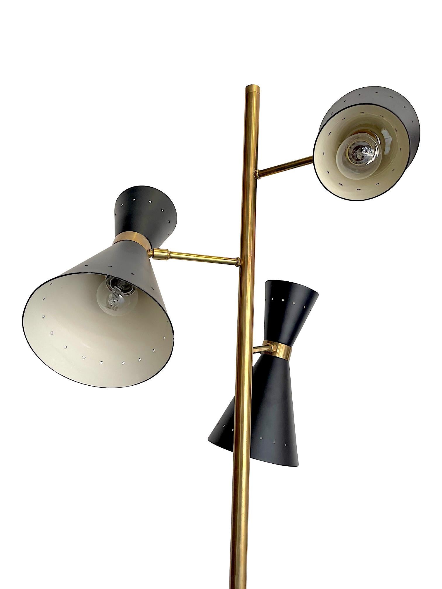 Metal Stilnovo Style Brass and Black Lacquered Three Light Adjustable Floor Lamp