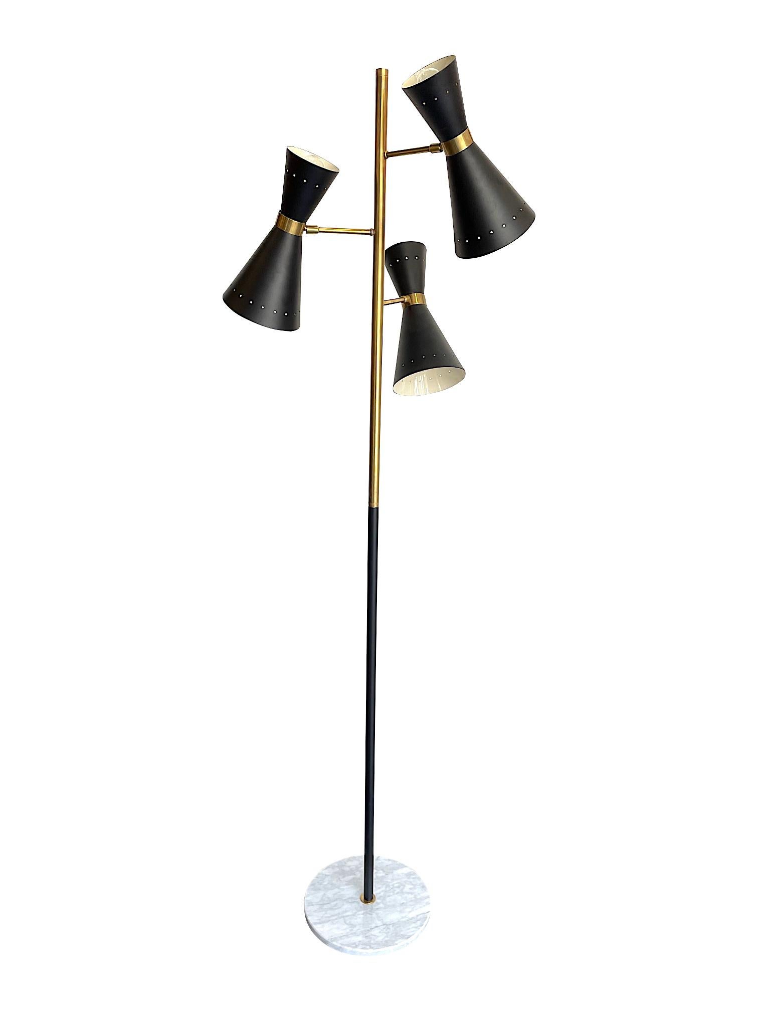 Stilnovo Style Brass and Black Lacquered Three Light Adjustable Floor Lamp 2