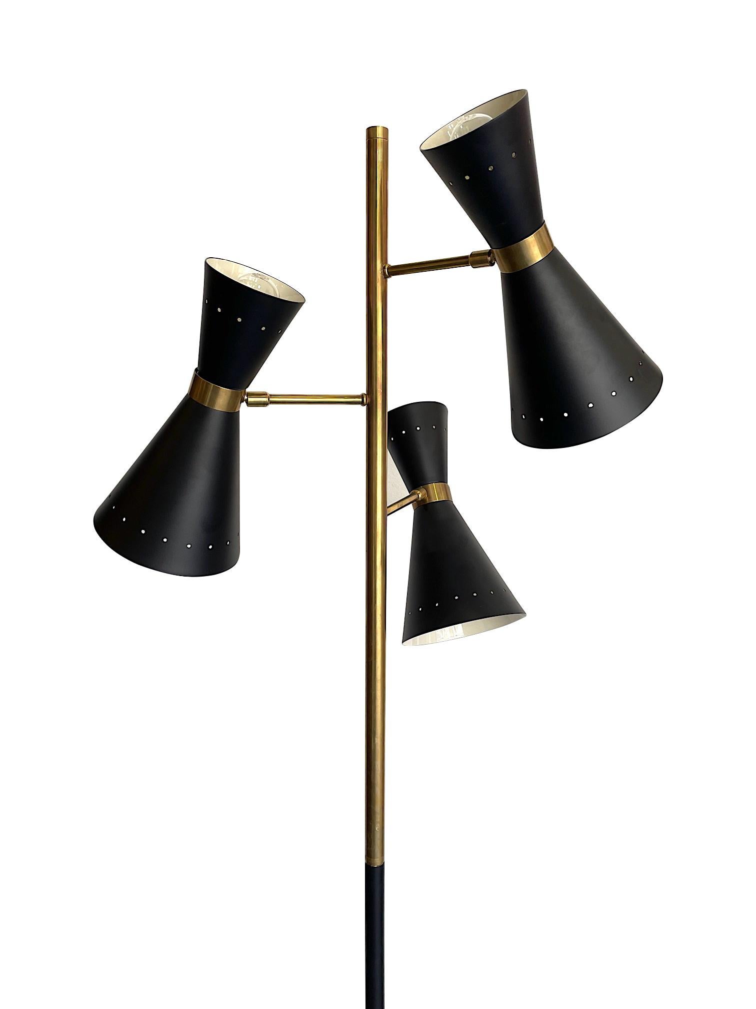 Stilnovo Style Brass and Black Lacquered Three Light Adjustable Floor Lamp 3