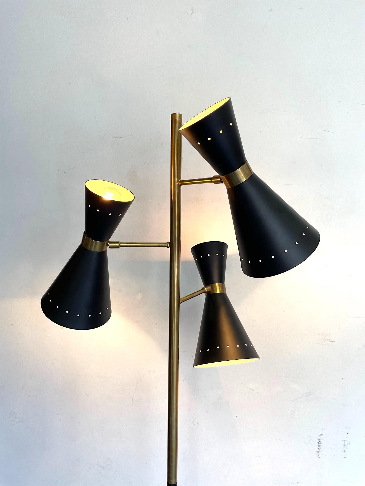 Stilnovo Style Brass and Black Lacquered Three Light Adjustable Floor Lamp 7