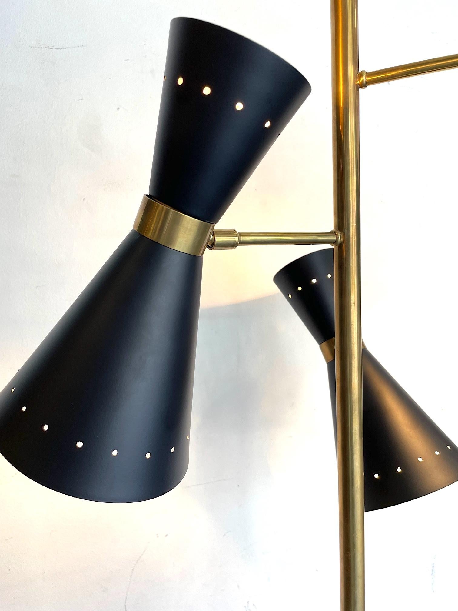 Stilnovo Style Brass and Black Lacquered Three Light Adjustable Floor Lamp 8