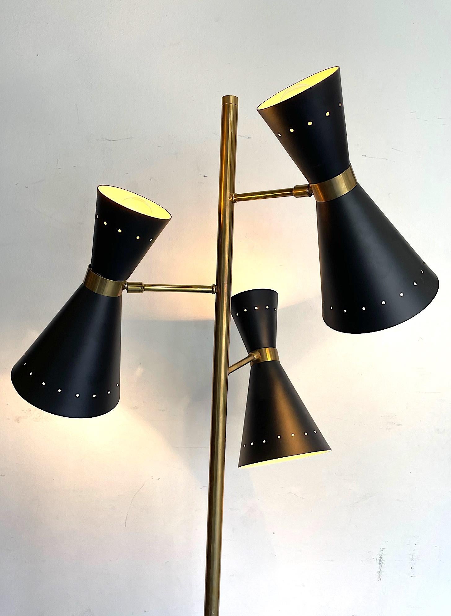 Stilnovo Style Brass and Black Lacquered Three Light Adjustable Floor Lamp 9