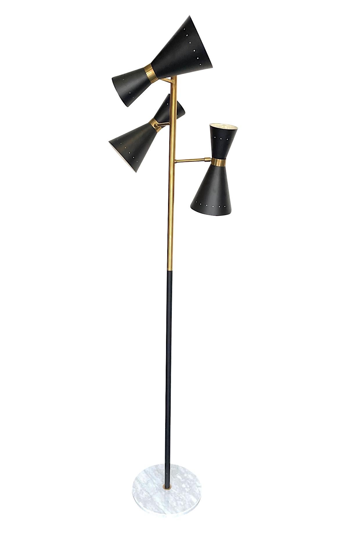 Mid-Century Modern Stilnovo Style Brass and Black Lacquered Three Light Adjustable Floor Lamp