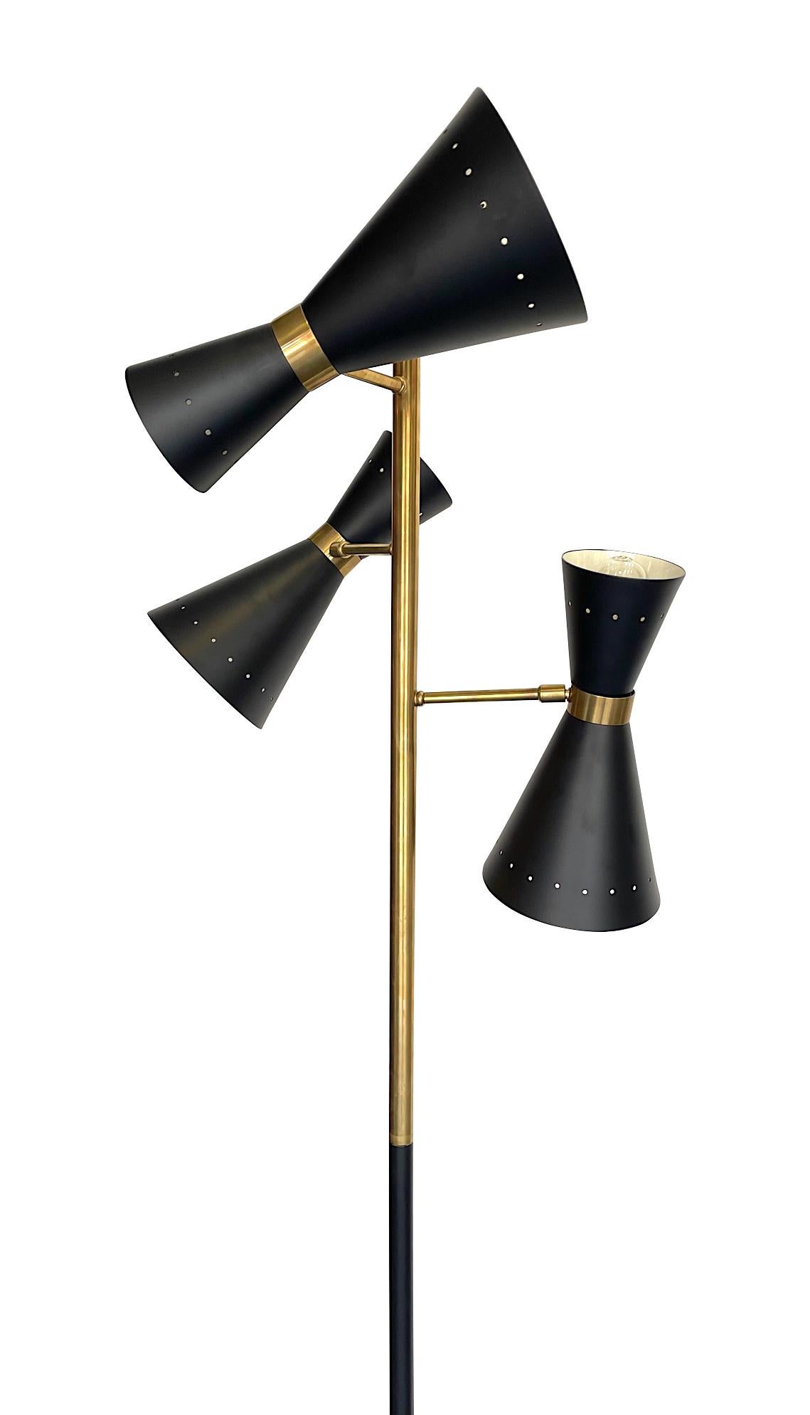 Italian Stilnovo Style Brass and Black Lacquered Three Light Adjustable Floor Lamp