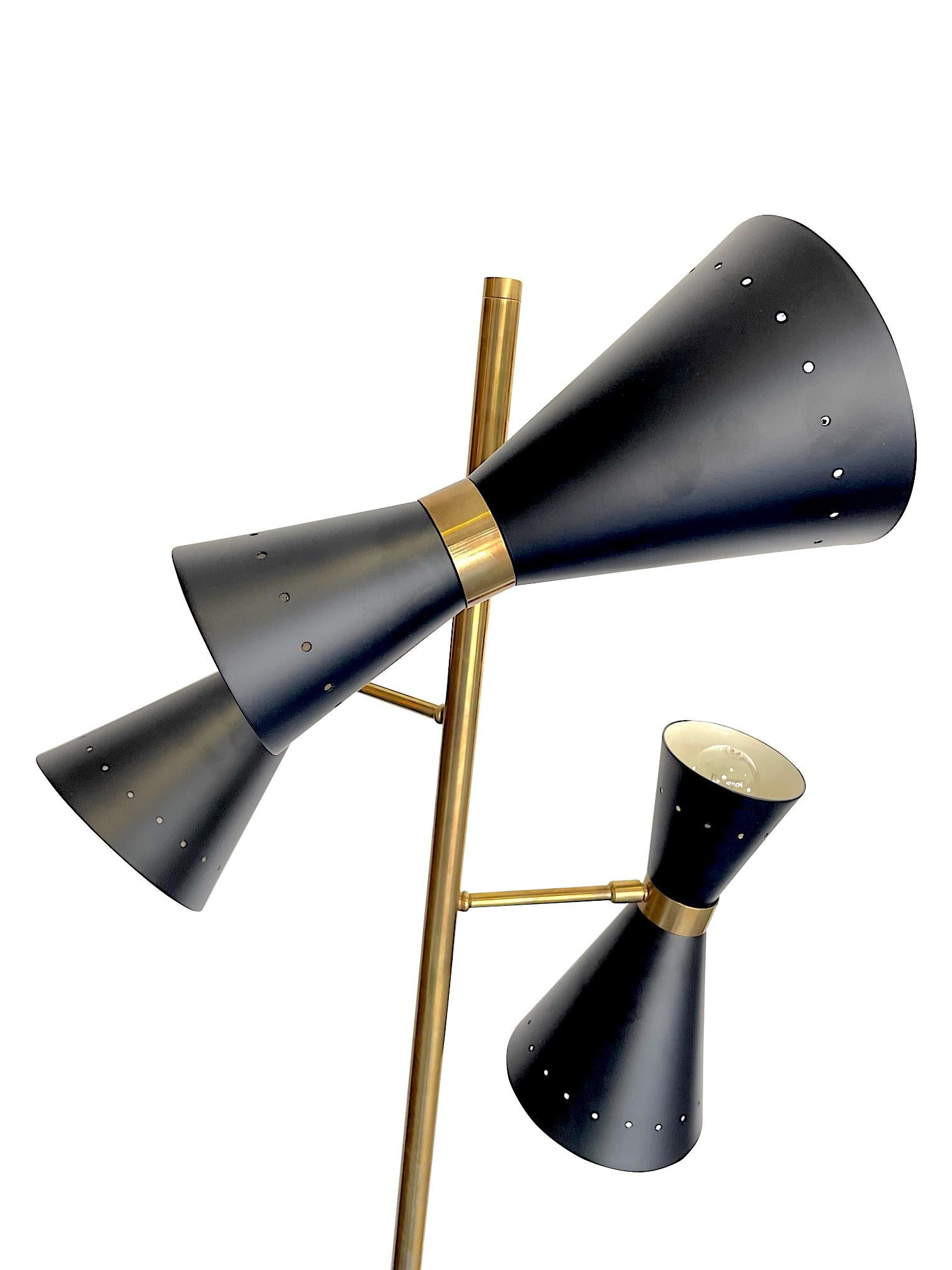 Stilnovo Style Brass and Black Lacquered Three Light Adjustable Floor Lamp In New Condition In London, GB
