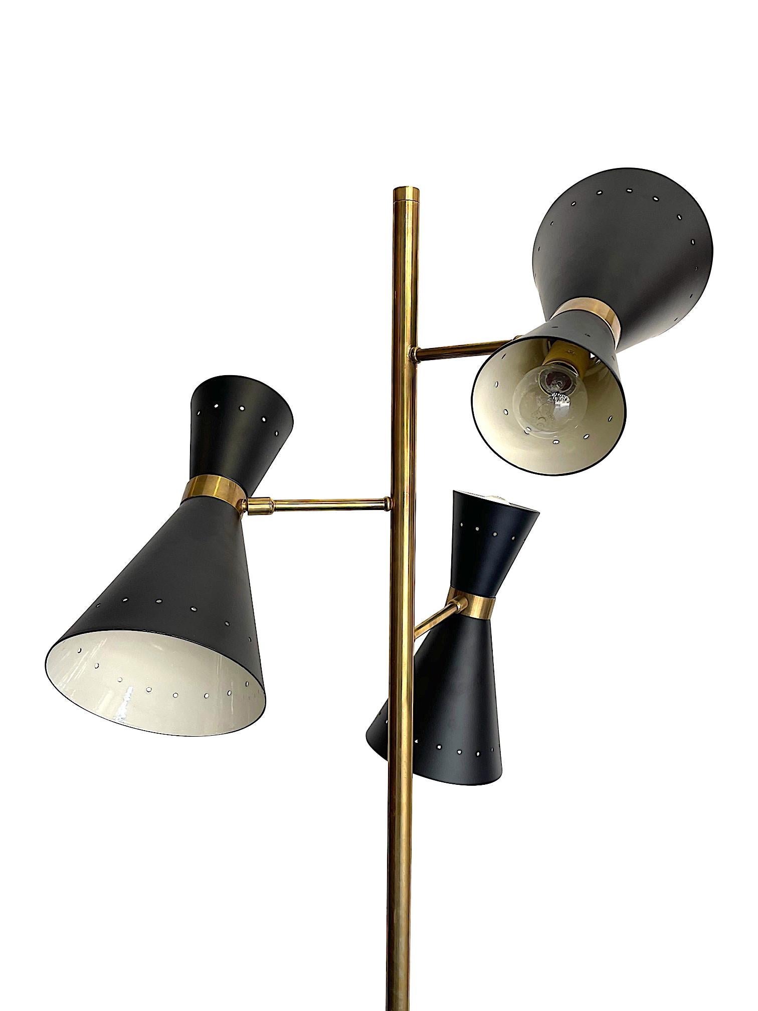 Contemporary Stilnovo Style Brass and Black Lacquered Three Light Adjustable Floor Lamp
