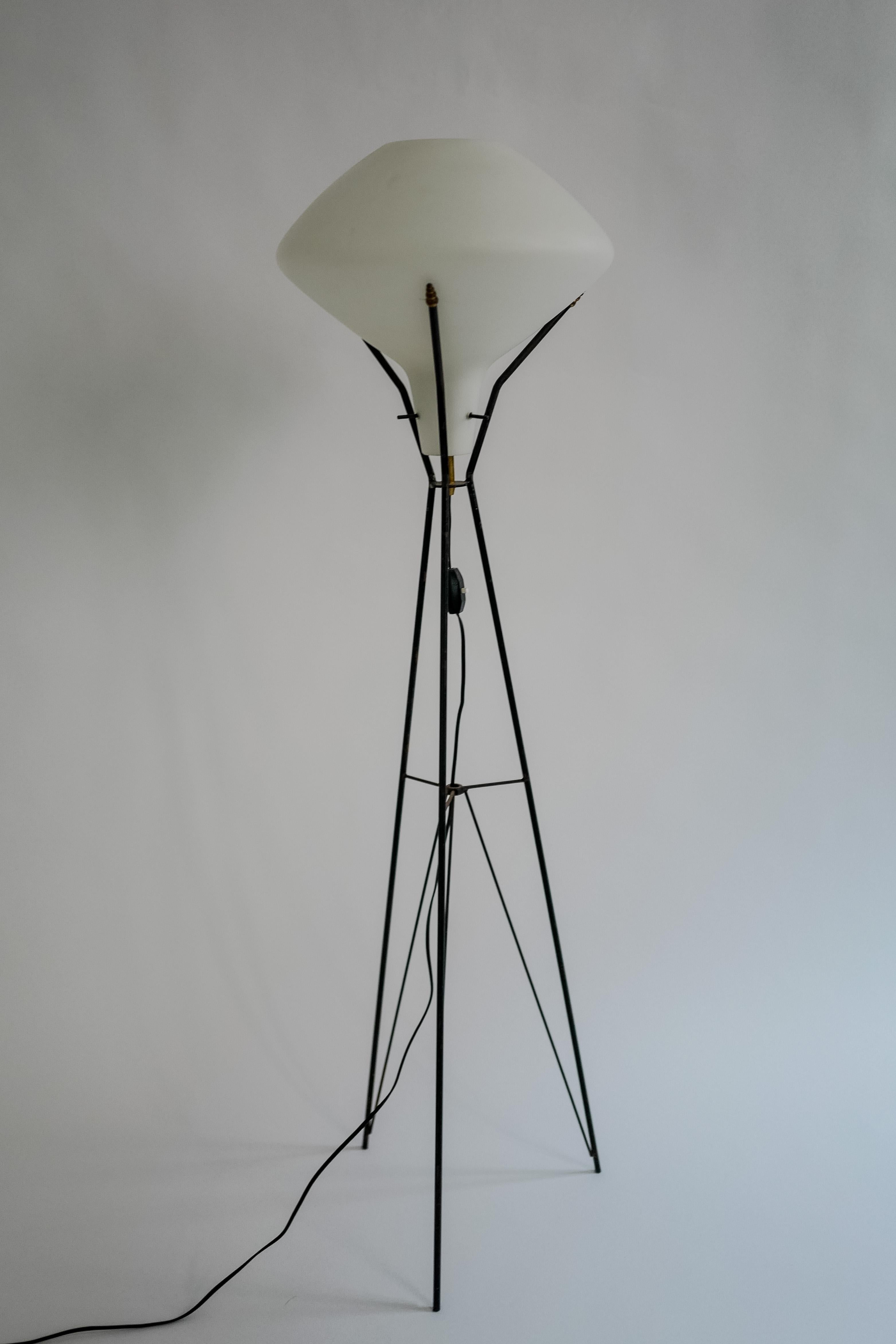 Mid-Century Modern Mid Century Stilnovo Style Floor Lamp Black Metal Tripod Base Milk Glass For Sale