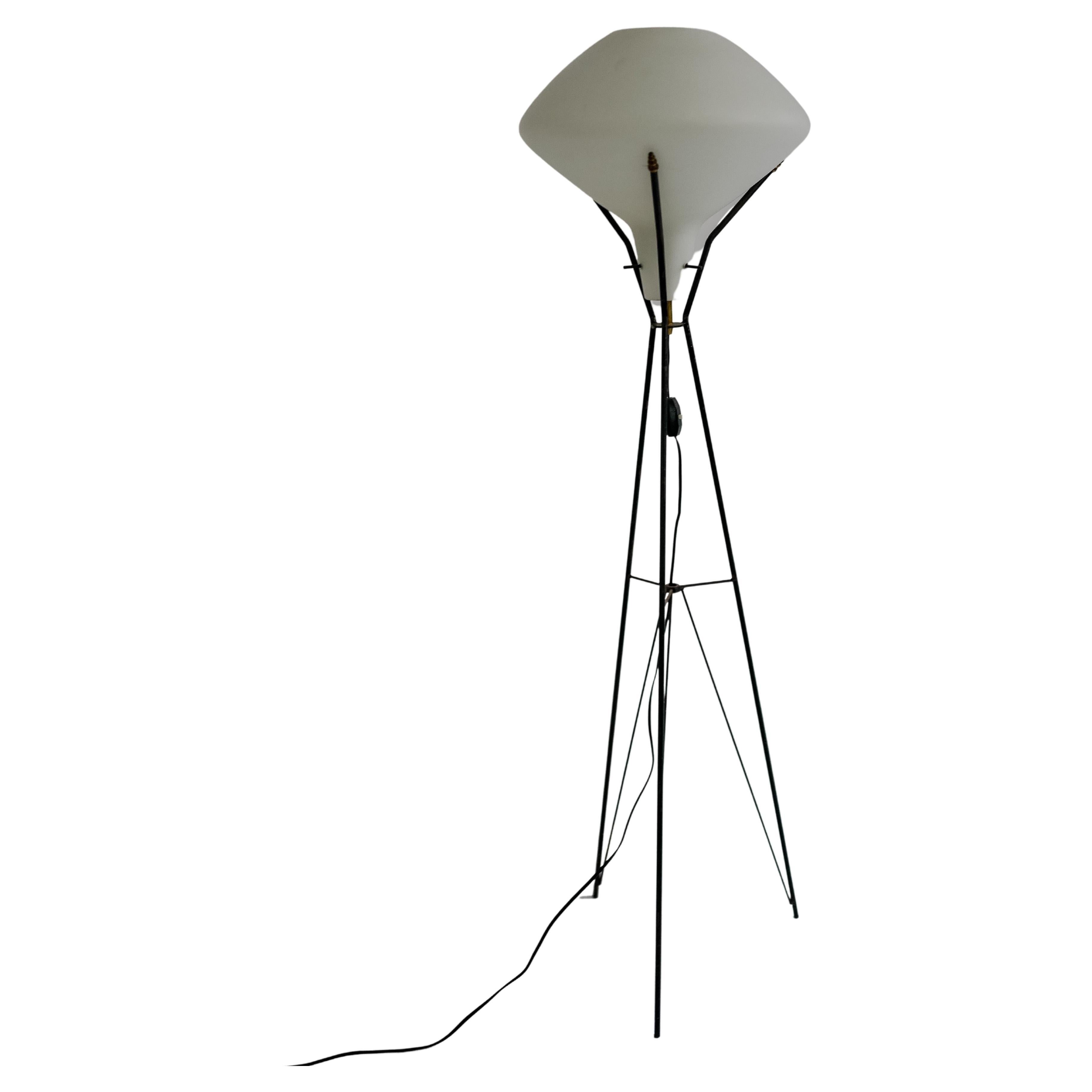 Mid Century Stilnovo Style Floor Lamp Black Metal Tripod Base Milk Glass