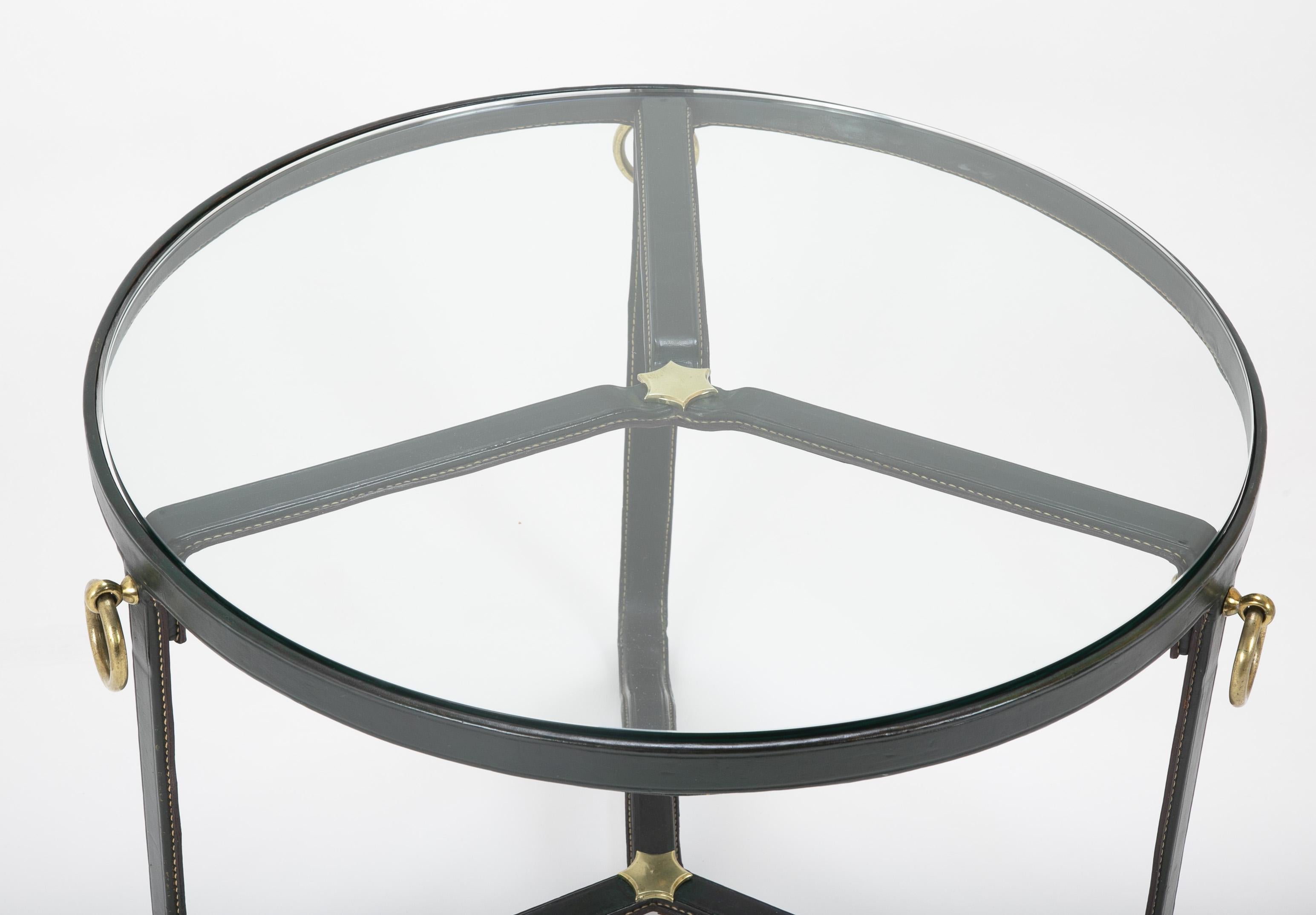 Modern Stitched Leather and Brass Coffee Table Designed by Jacque Adnet