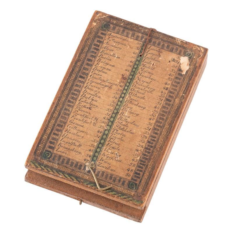 A Stockert-pattern fruitwood diptych sundial,
the lid with applied paper list of towns and cities and their latitudes (mostly rubbed off), the inside of the lid with string gnomon and nine settings for latitudes 40-56°, with hour dial graduated