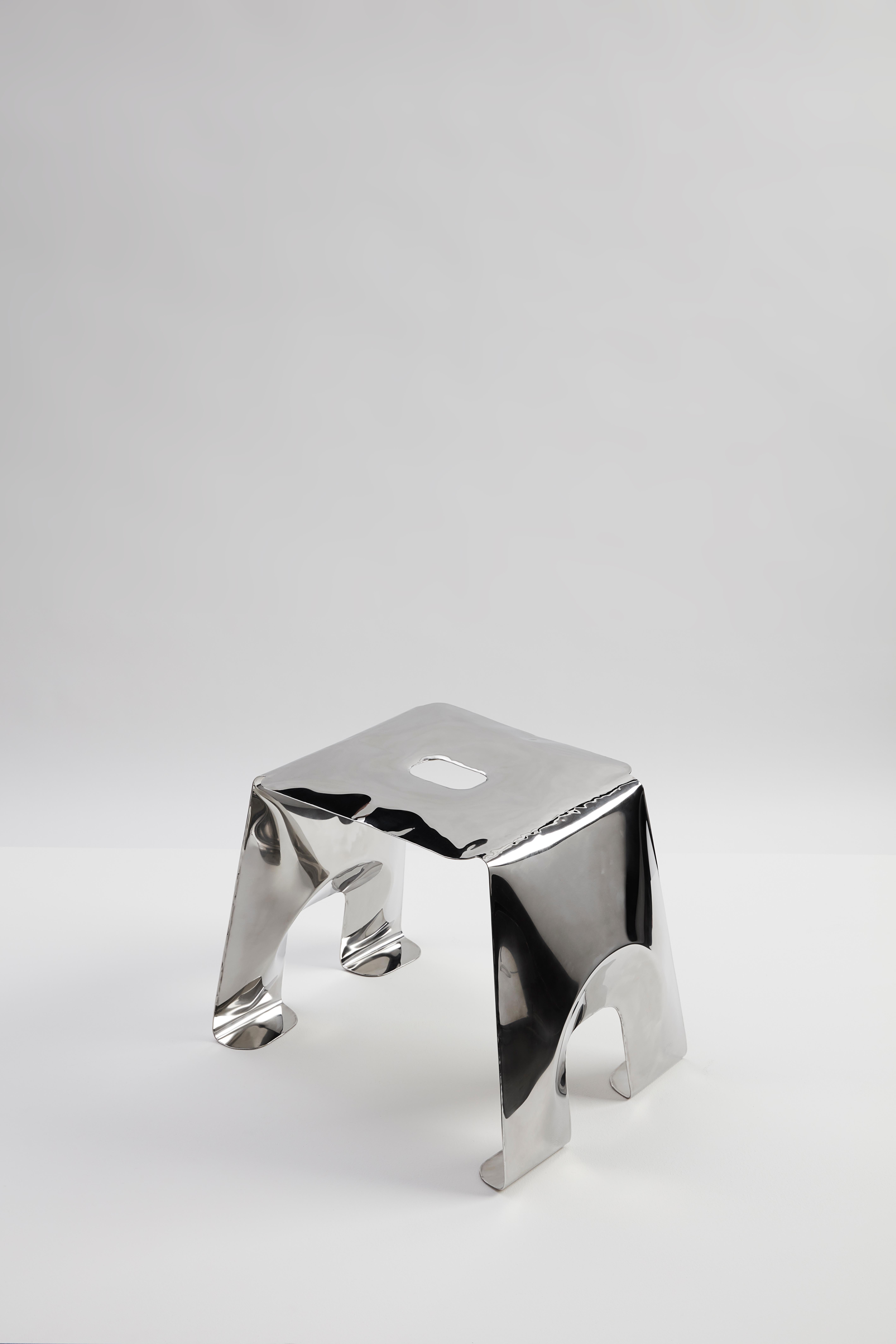 Product: A Stool
Colours: Mirror polished effect/or Satin finish
Materials: Polished Stainless Steel/ or Mild Steel
Dimensions: (H) 43cm x (W) 53cm x (D) 41cm

The a stool is a study in the process of hydroforming.

Two sheets of metal are welded