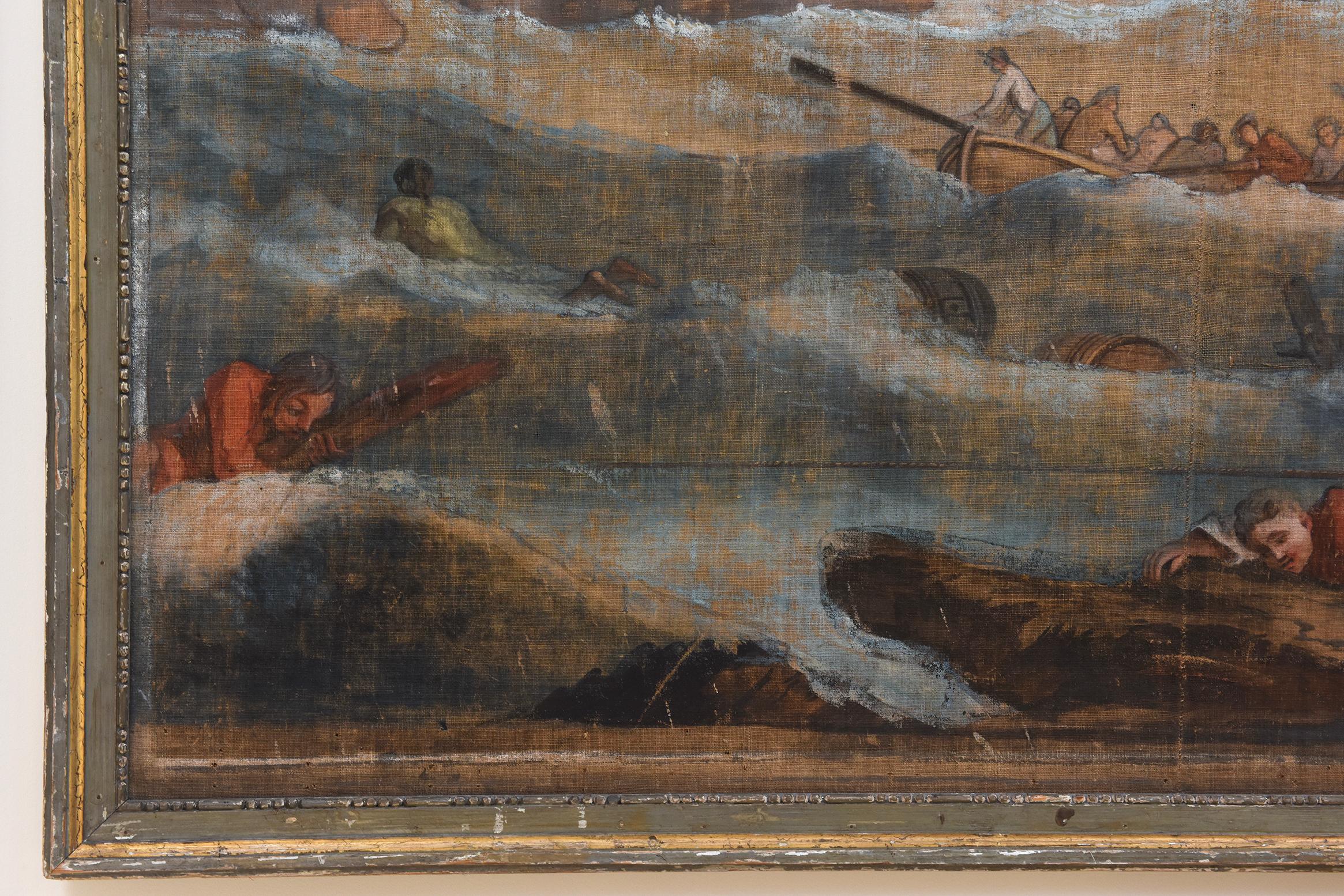 Questo affascinante dipinto a olio su tela, che si ritiene risalga alla fine del XVIII secolo, raffigura un drammatico naufragio vicino a un imponente faro. La scena cattura il caos di un mare in tempesta, con figure disperate che lottano contro le