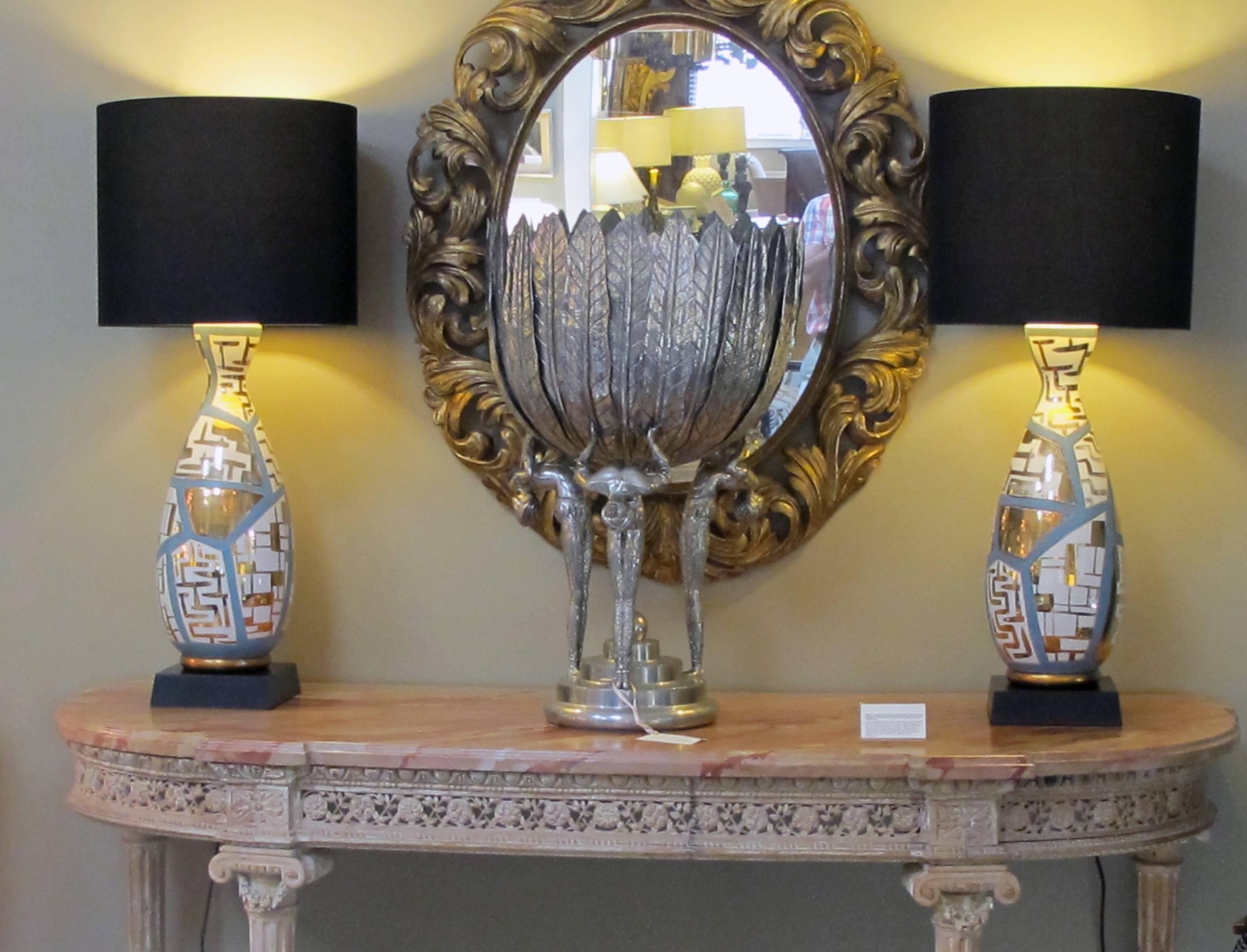 Striking & Tall Pair of Italian Bottle-Form Lamps with Gilt Geometric Decoration 2