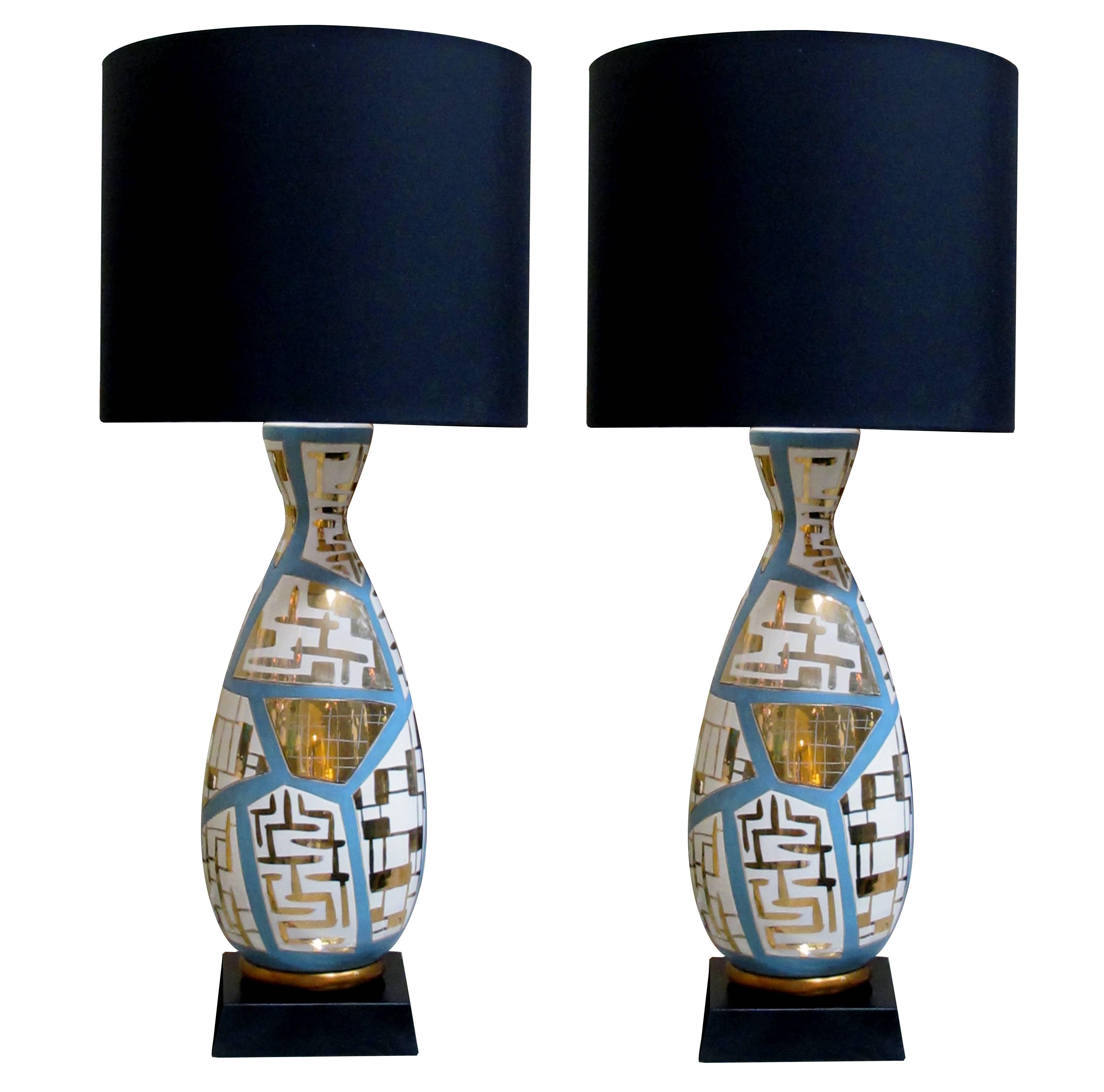 Striking & Tall Pair of Italian Bottle-Form Lamps with Gilt Geometric Decoration